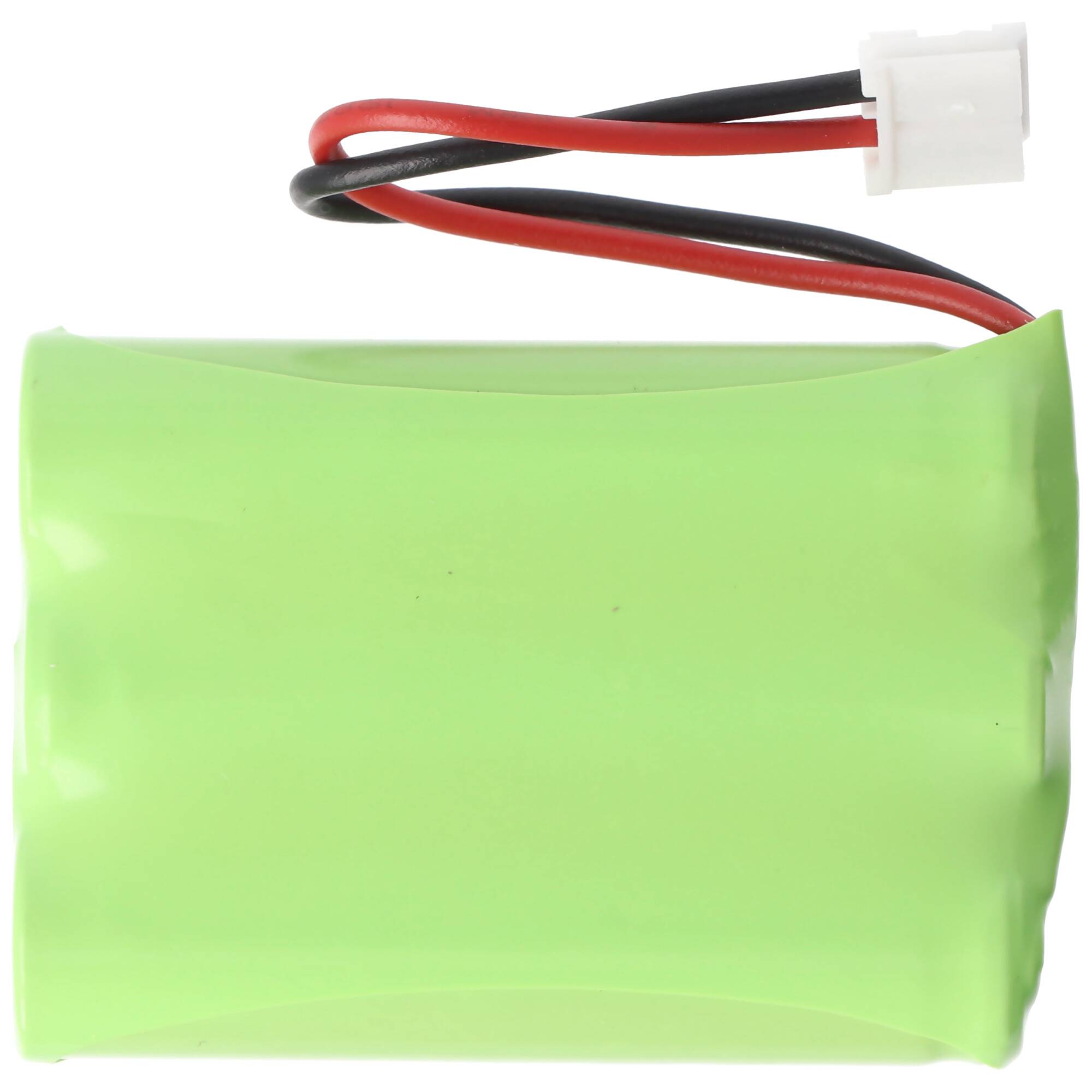 Grüner wiederaufladbarer Akkupack mit roten und schwarzen Kabeln und einem weißen Stecker.