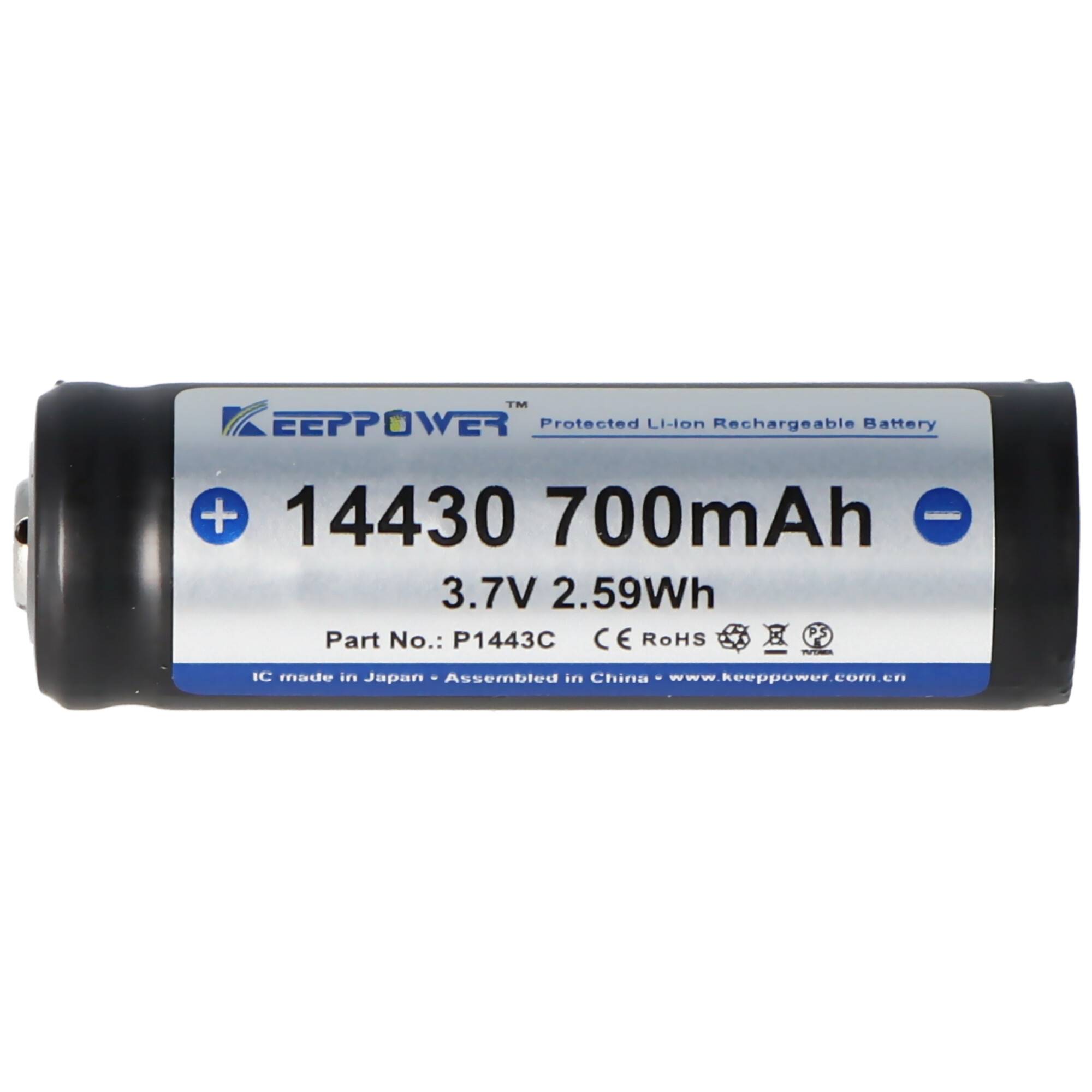 Keeppower 14430 Li-Ion-Akku 700mAh, 3,7V, 46,1 x 14,35mm, geschützt