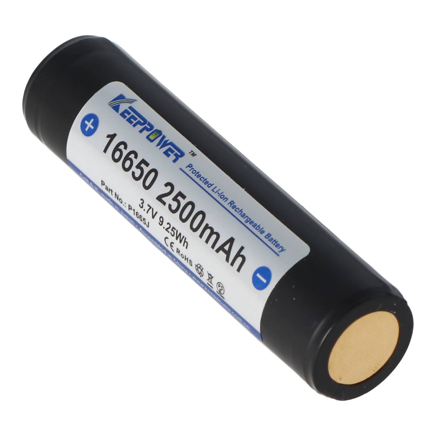Keeppower 16650 bzw. 17650 min. 1980mAh, max. 2500mAh 68,05x16,68mm 3,6V - 3,7V Li-Ion-Akku geschützt Pluspol erhöht UR1
