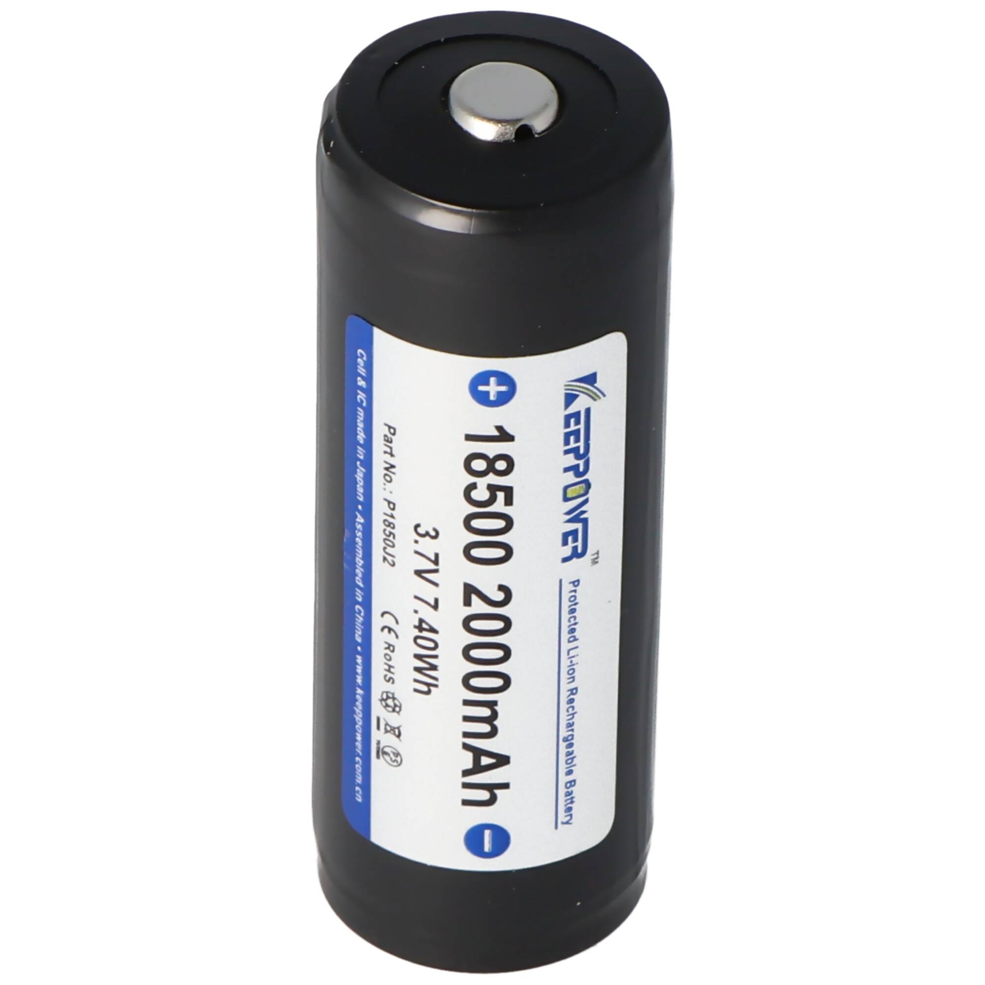 Keeppower 18500 - 2000mAh, 3,6V - 3,7V Li-Ion-Akku geschützt mit Kopf Abmessungen 53x18,5mm