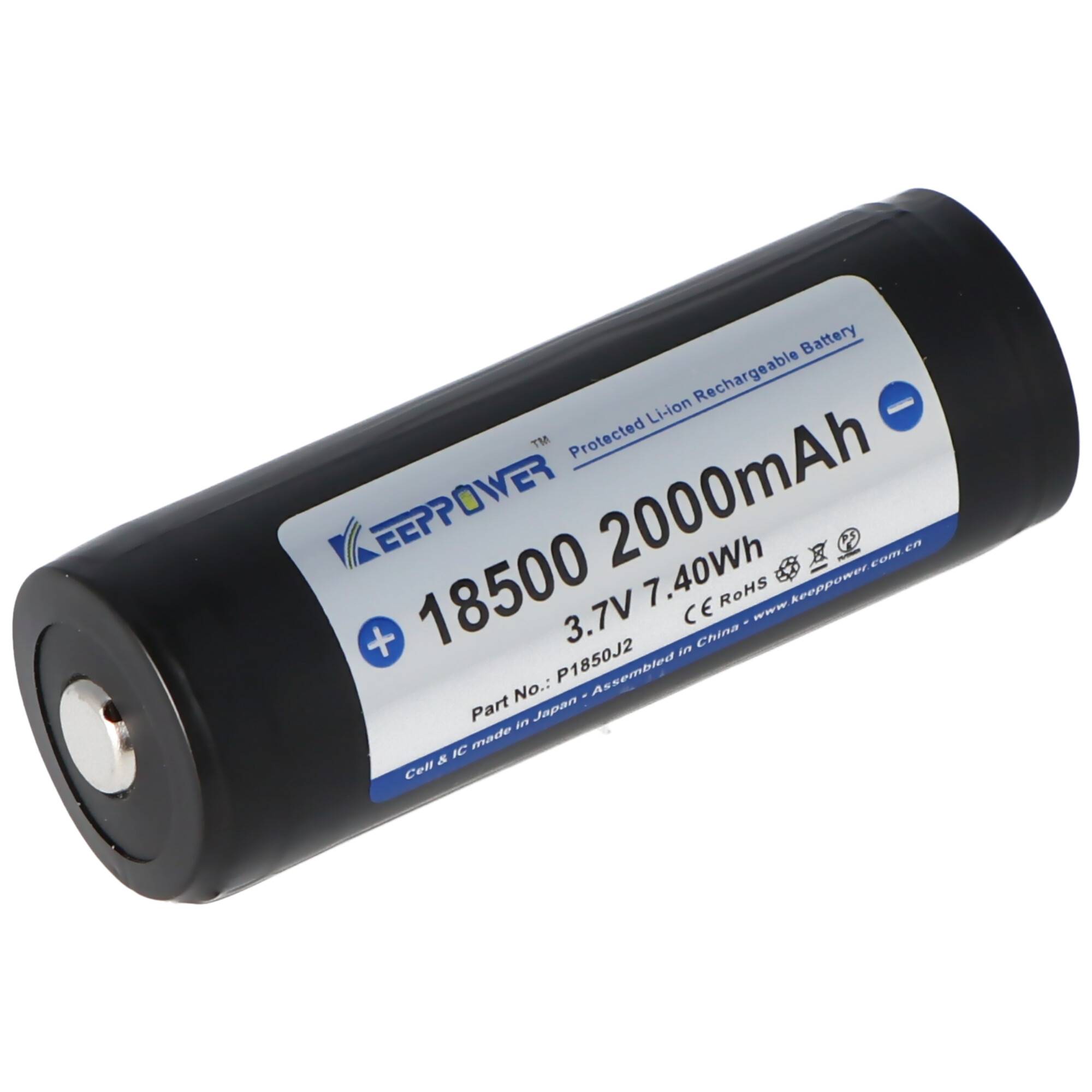 Keeppower 18500 - 2000mAh, 3,6V - 3,7V Li-Ion-Akku geschützt mit Kopf Abmessungen 53x18,5mm