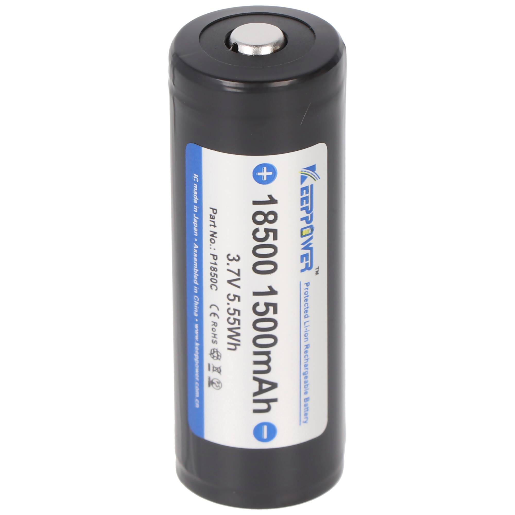 Keeppower 18500 Li-Ion Akku 1500mAh, 3,7V Li-Ion-Akku geschützt ca. 52,8x18,5mm Abmessungen