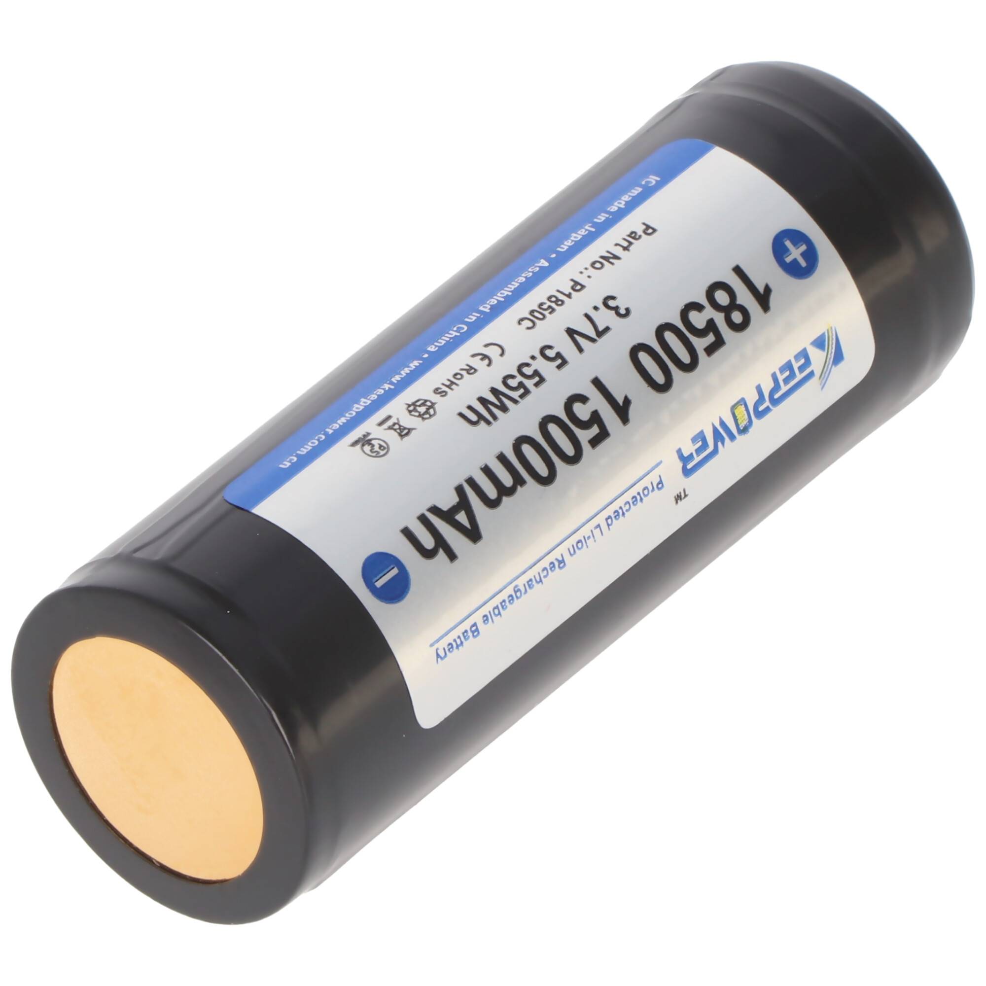 Keeppower 18500 Li-Ion Akku 1500mAh, 3,7V Li-Ion-Akku geschützt ca. 52,8x18,5mm Abmessungen