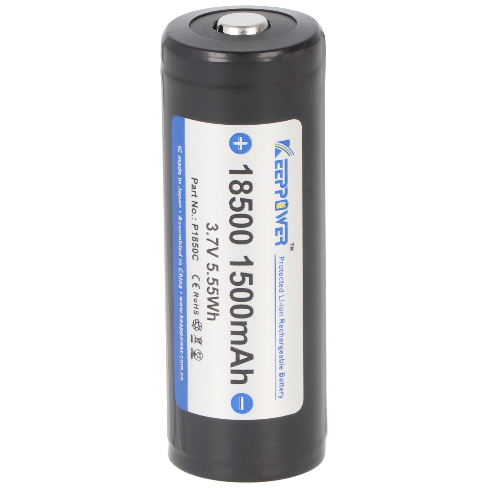 Keeppower 18500 Li-Ion Akku 1500mAh, 3,7V Li-Ion-Akku geschützt ca. 52,8x18,5mm Abmessungen