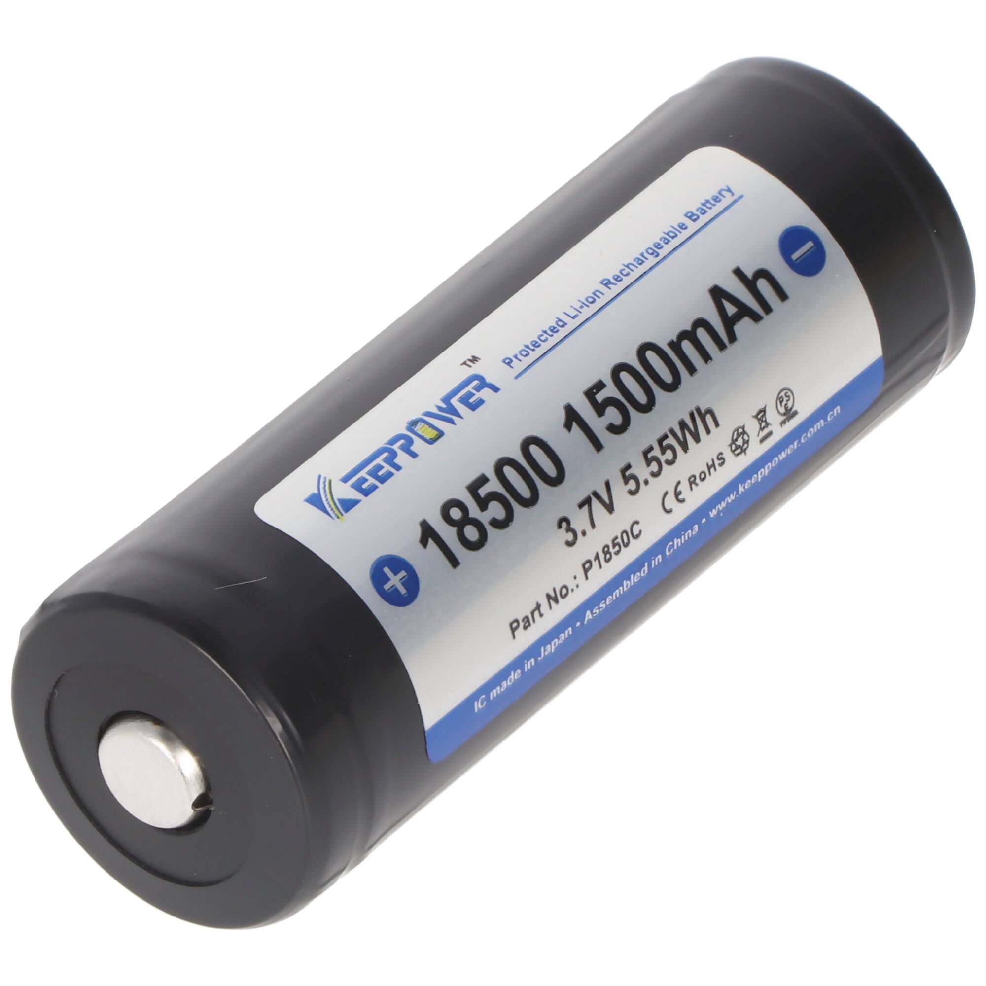 Keeppower 18500 Li-Ion Akku 1500mAh, 3,7V Li-Ion-Akku geschützt ca. 52,8x18,5mm Abmessungen