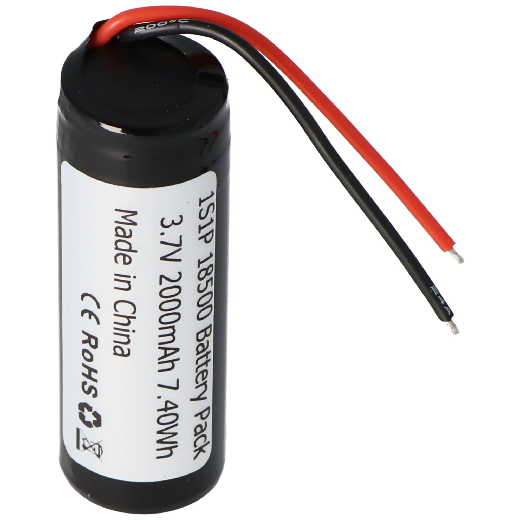 Zylindrischer 3,7V 2000mAh wiederaufladbarer Akkupack mit roten und schwarzen Drähten.