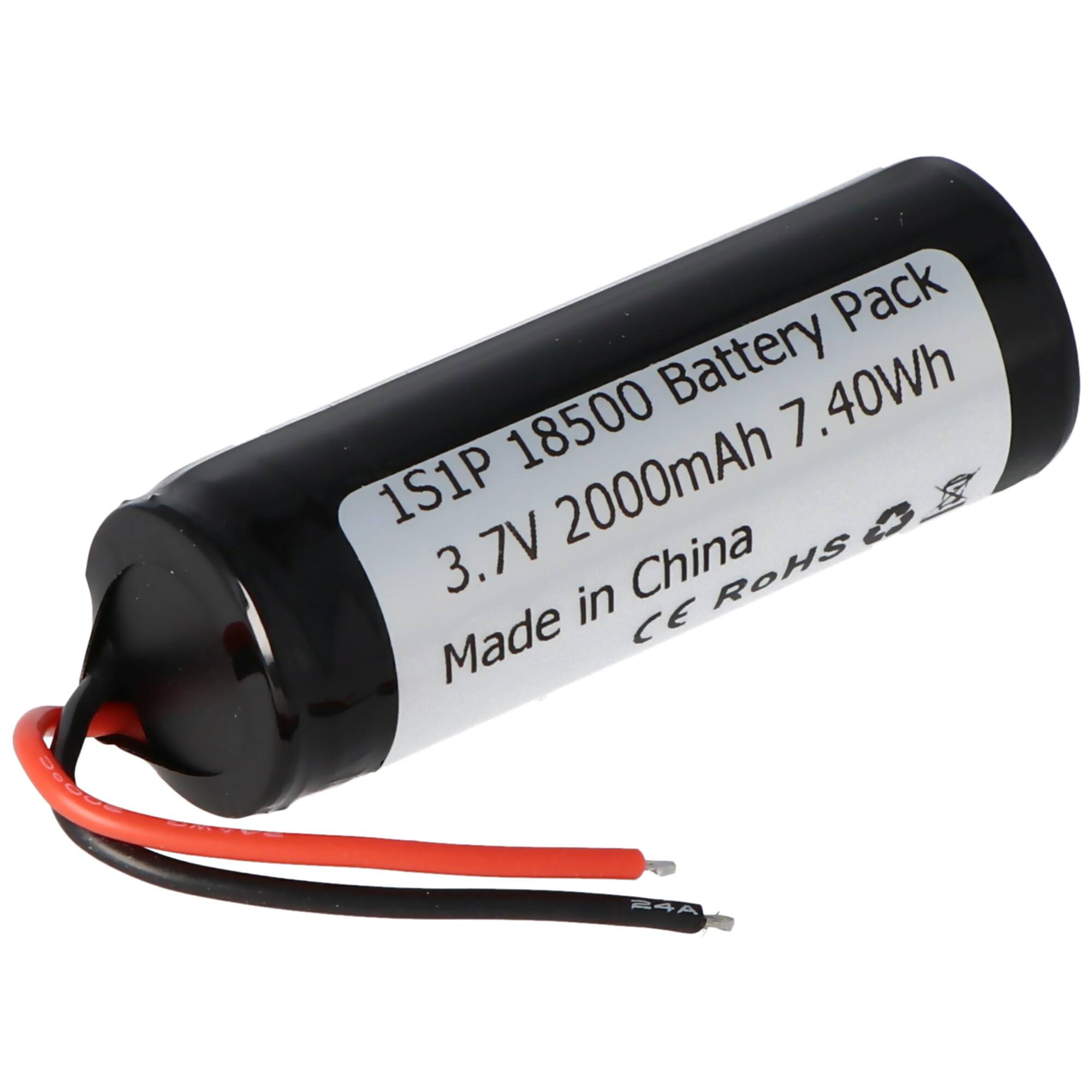 Zylindrisches 18500 Batteriepack mit roten und schwarzen Kabeln, gekennzeichnet mit „1S1P 18500 Batteriepack 3,7V 2000mAh 7,40Wh Made in China".