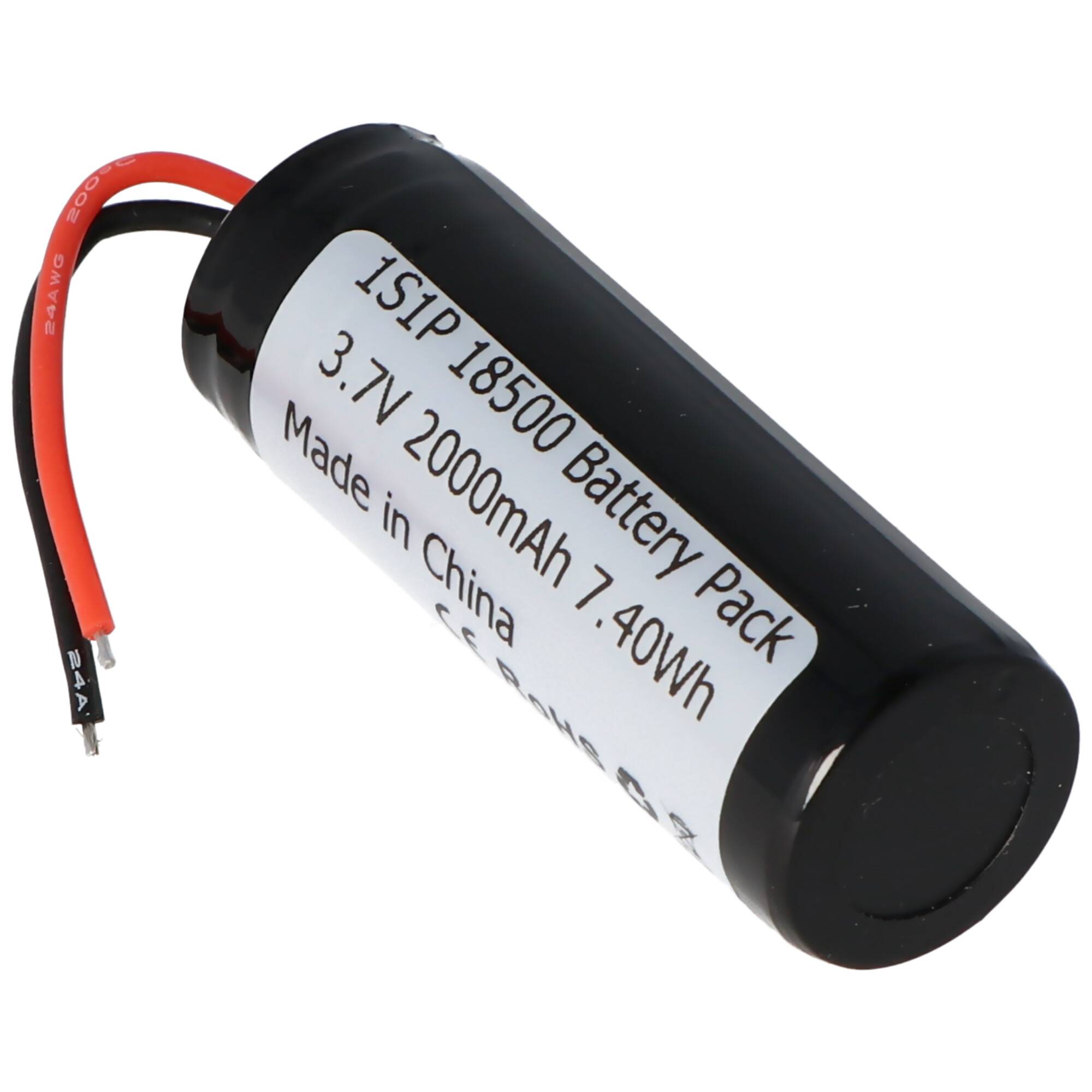 Schwarzes 18500 Lithium-Batteriepaket mit roten und schwarzen Anschlüssen, gekennzeichnet mit 3,7V 2000mAh 7,40Wh.