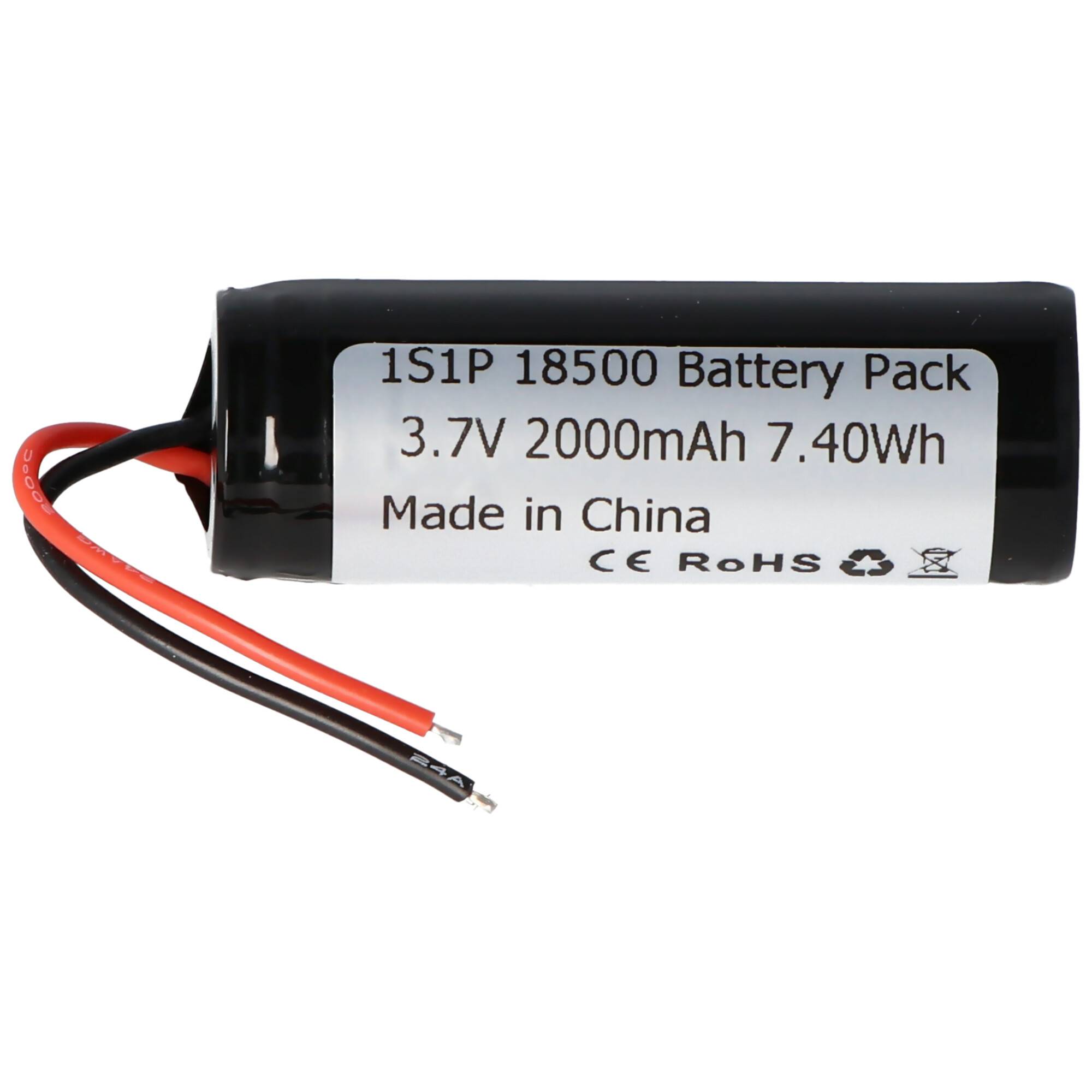 Schwarze 1S1P 18500 Batteriepacks mit roten und schwarzen Drähten, beschriftet mit 3,7V 2000mAh 7,40Wh, hergestellt in China.