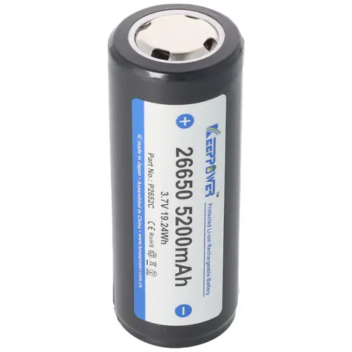 Keeppower 26650 5200mAh 3,6V bis 3,7V Li-Ion Akku PCB geschützt 69,5x26,8mm Keeppower 26650 5200mAh 3,6V bis 3,7V Li-Ion Akku PCB geschützt 69,5x26,8mm