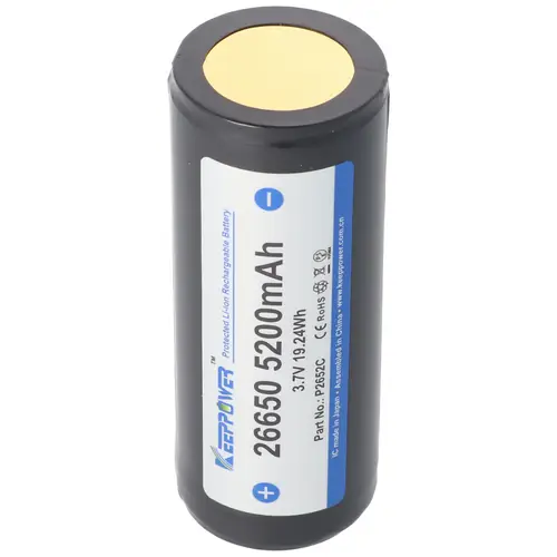Keeppower 26650 5200mAh 3,6V bis 3,7V Li-Ion Akku PCB geschützt 69,5x26,8mm Keeppower 26650 5200mAh 3,6V bis 3,7V Li-Ion Akku PCB geschützt 69,5x26,8mm