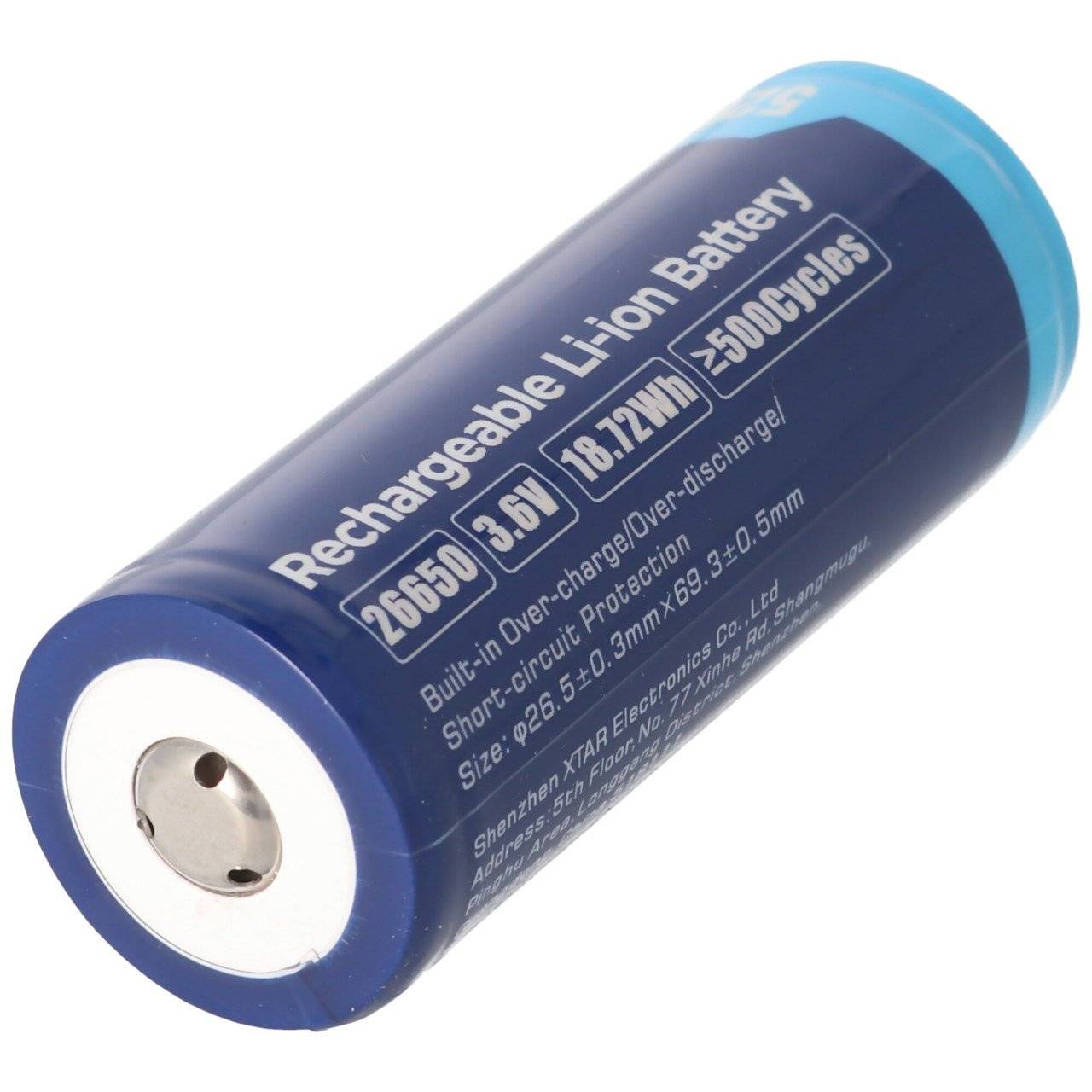 XTAR 26650 5200mAh, 3,6V - 3,7V Li-Ion Akku, PCB geschützt, Abmessungen 26,5x68,2mm