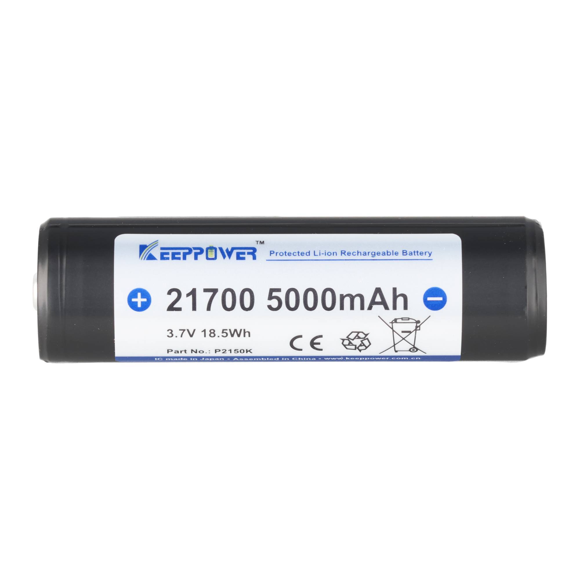 Schwarze zylindrische wiederaufladbare Lithium-Ionen-Batterie mit der Bezeichnung „21700 5000mAh" und „3,7V 18,5Wh"".