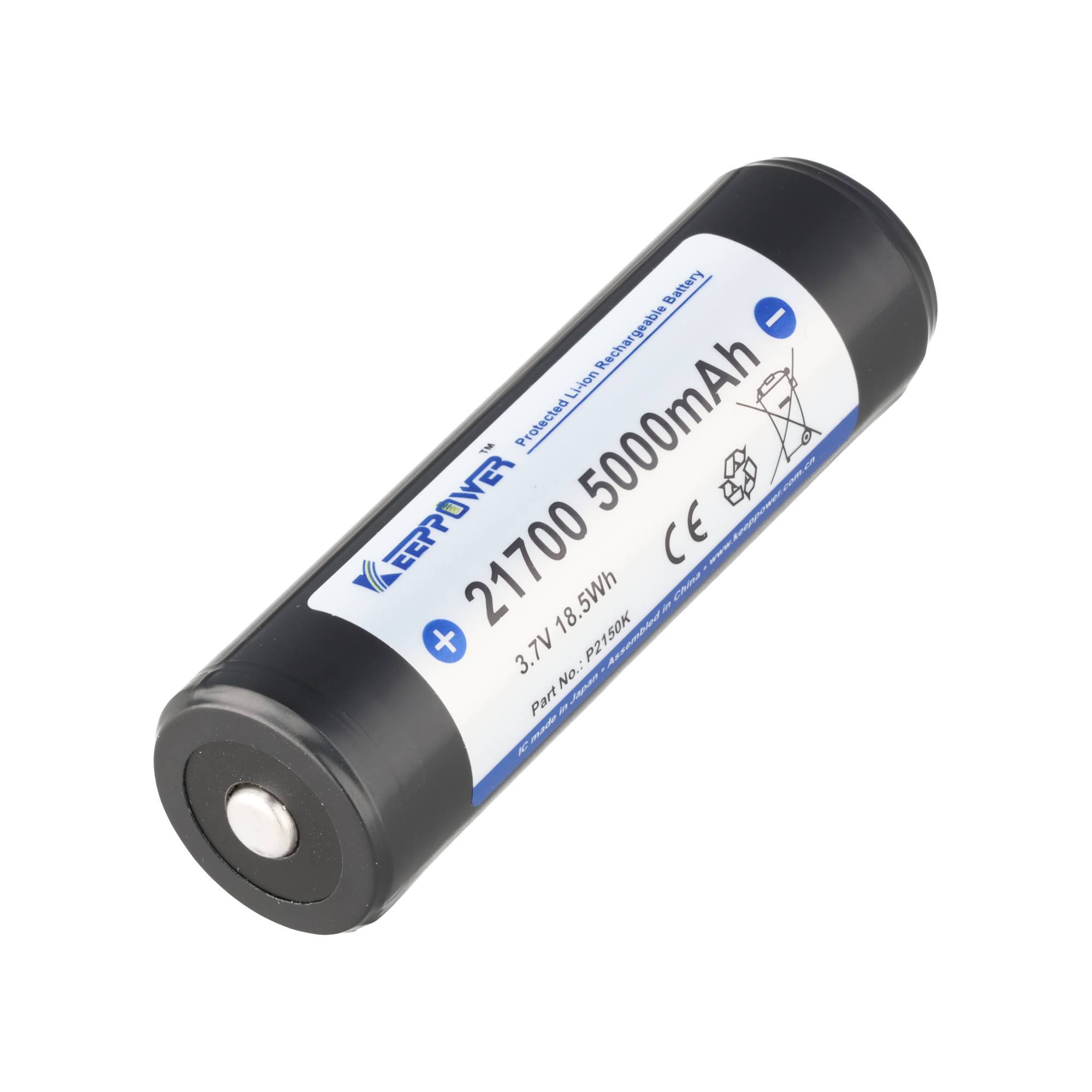 Ein schwarzer zylindrischer 21700-Lithium-Ionen-Akku mit den Aufschriften „5000mAh" und „3,7V 18,5Wh"" auf weißem Hintergrund.