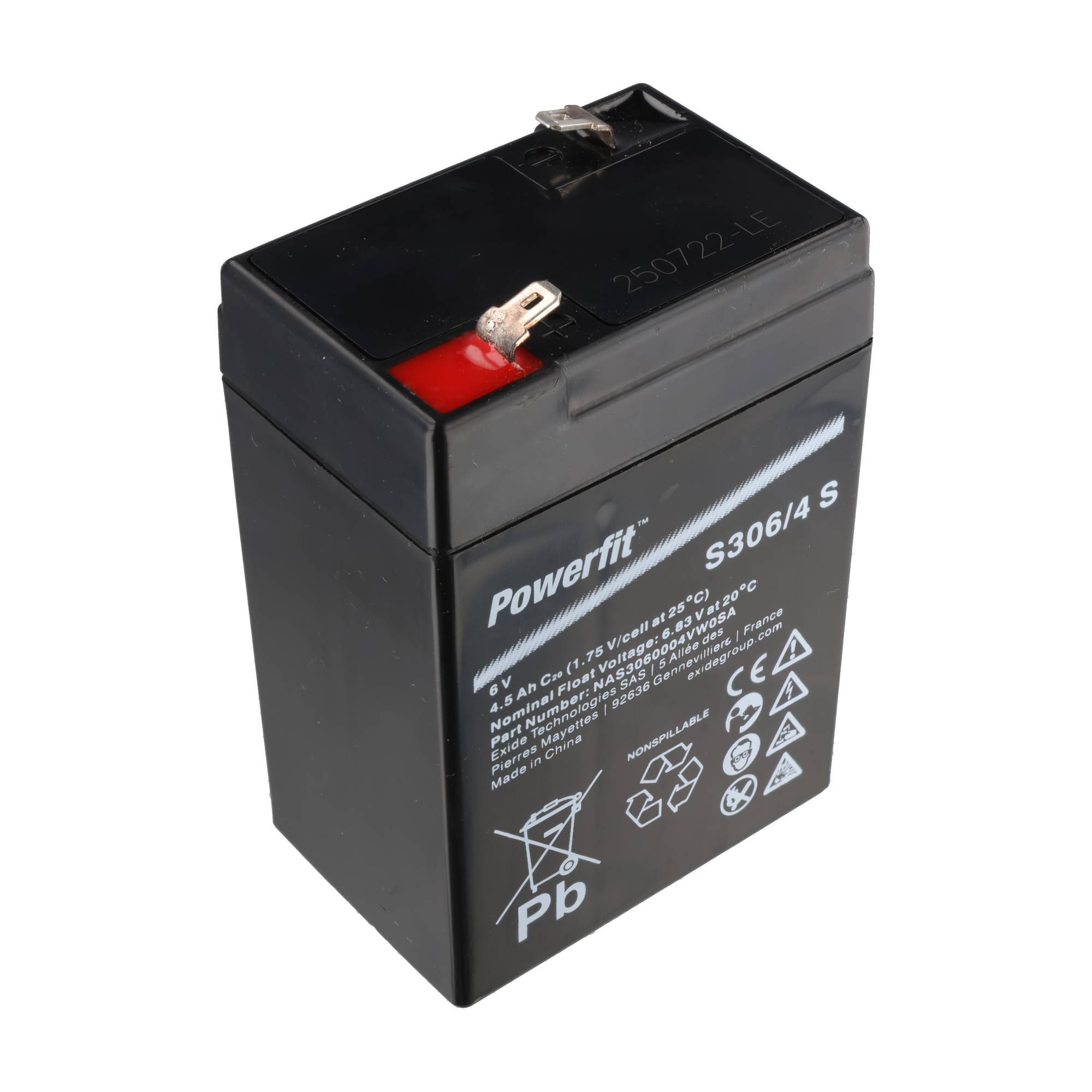 Black Powerfit S306/4 S versiegelte Blei-Säure-Batterie mit zwei Metallanschlüssen, gezeigt auf weißem Hintergrund.