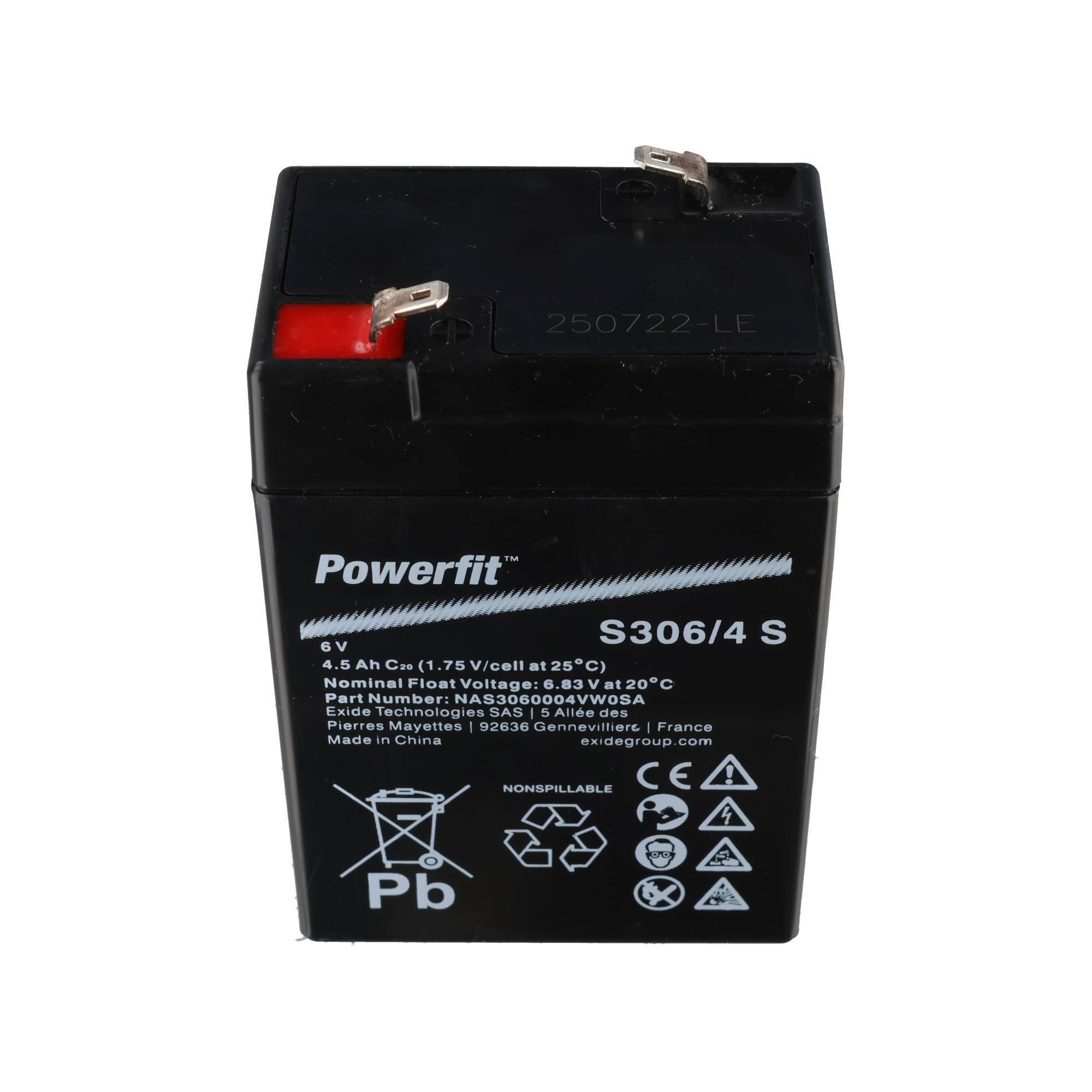 Schwarze Powerfit 6V-versiegelte Blei-Säure-Batterie mit Metallklemmen und Etikett „S306/4 S