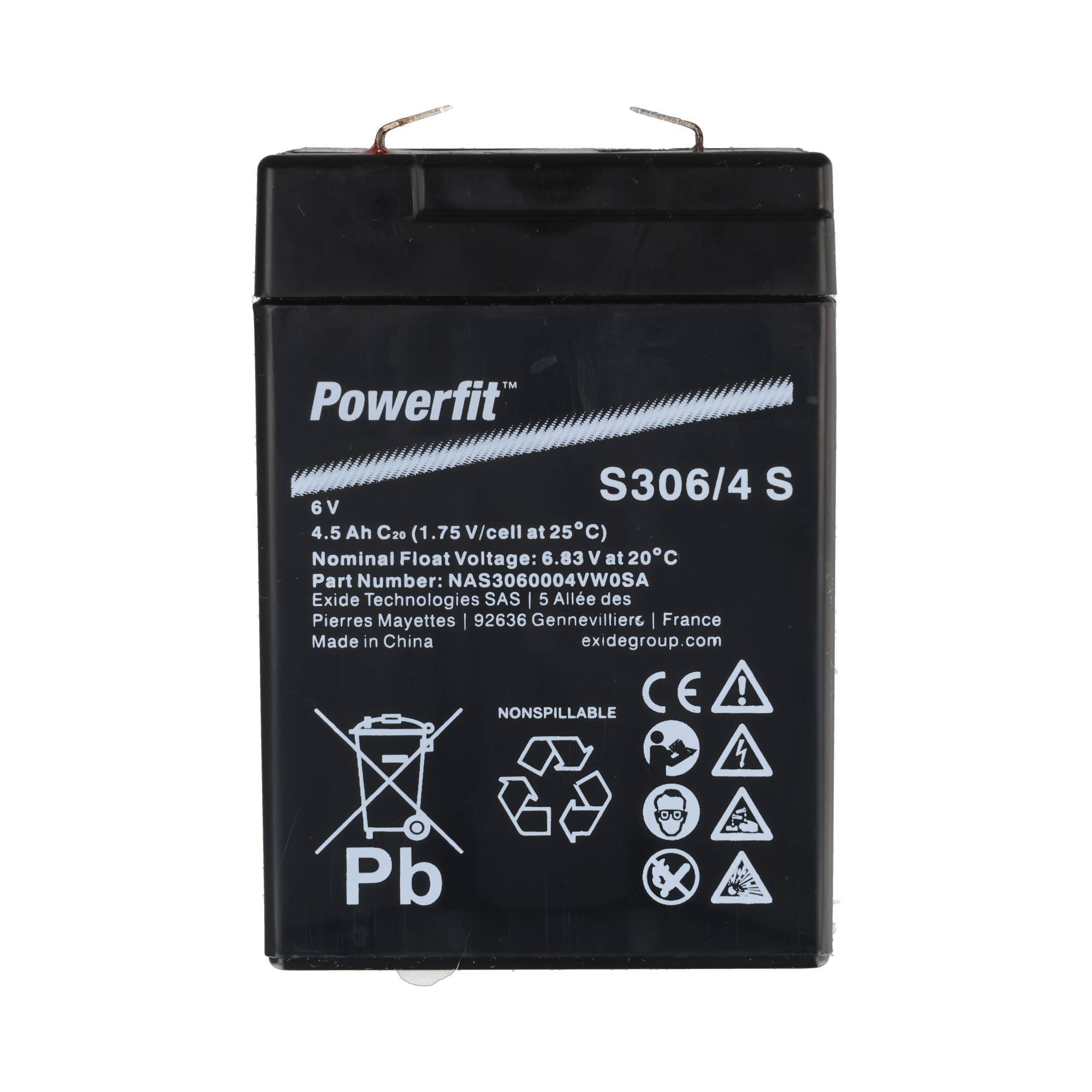 Black Powerfit S306/4 S 6V versiegelte Blei-Säure-Batterie mit Produkt- und Sicherheitsetiketten auf weißem Hintergrund.
