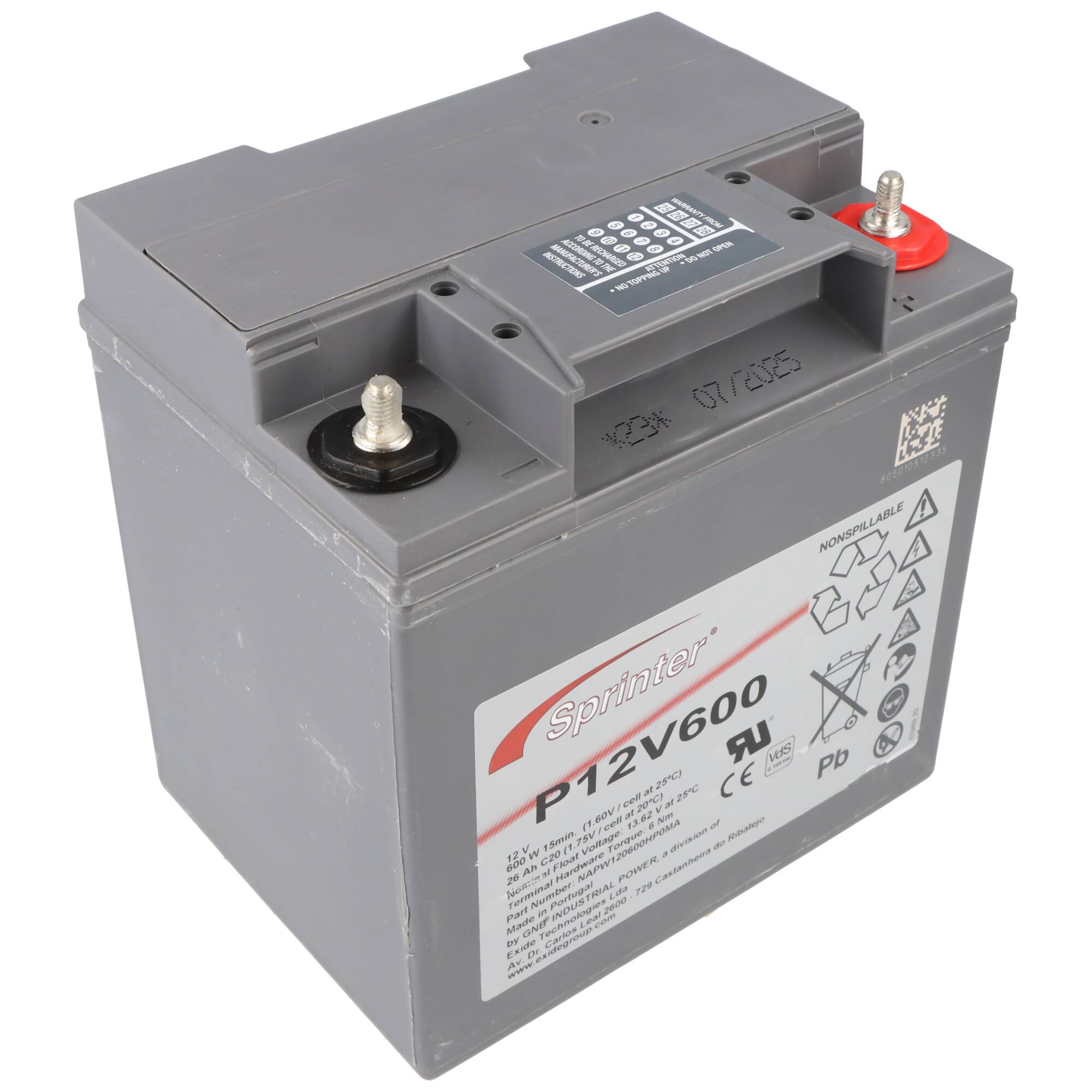 Graue 12V 600Ah versiegelte Blei-Säure-Batterie mit sichtbaren Pluspol- und Minuspol-Anschlüssen und Produktetikett