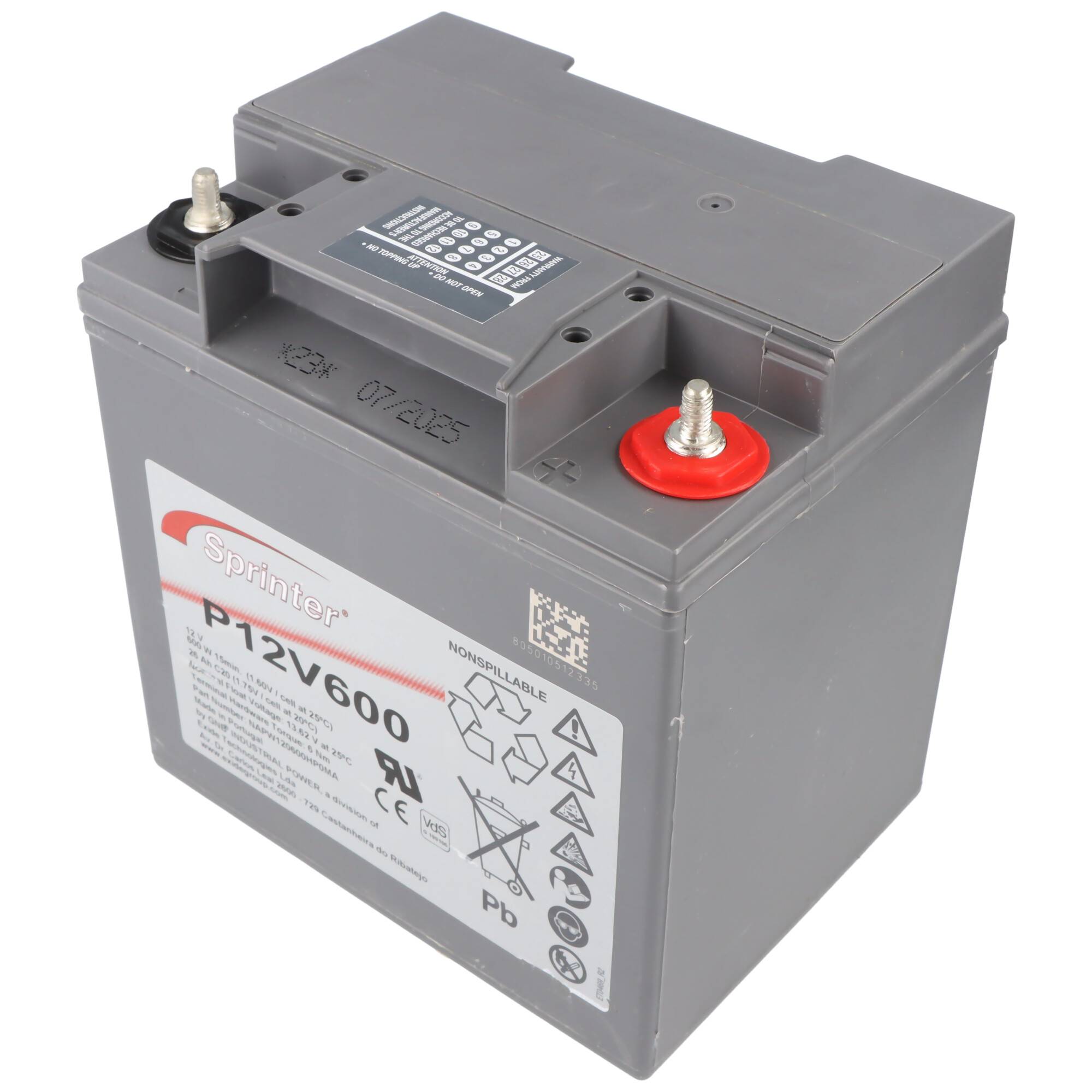 Graue 12V-600-Batterie mit zwei Anschlüssen und einer Beschriftung auf der Vorderseite, gezeigt auf weißem Hintergrund.