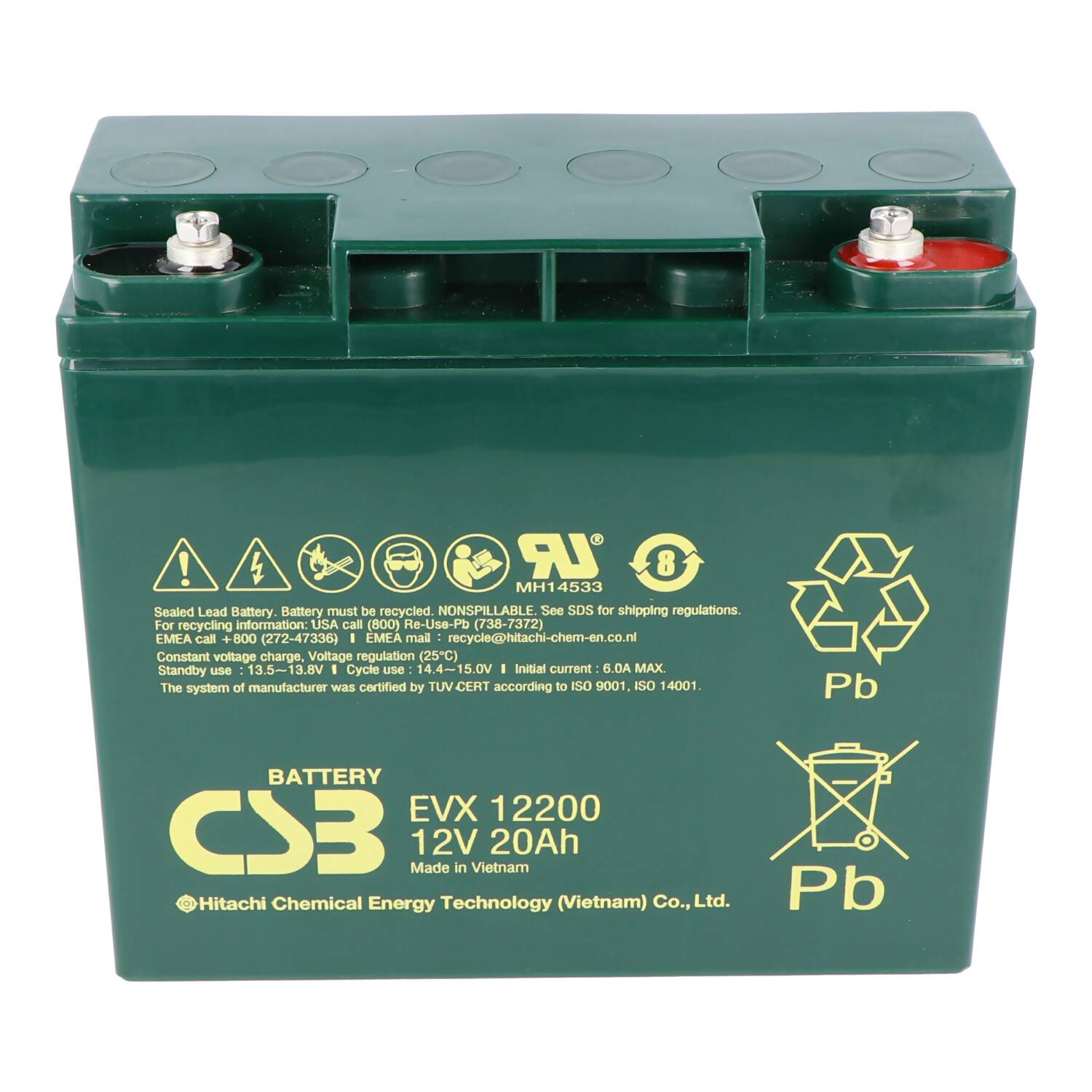 Grüne CSB EVX 12200 12V 20Ah versiegelte Blei-Säure-Batterie mit Oberflächenanschlüssen und Recycling-/Pb-Symbolen.