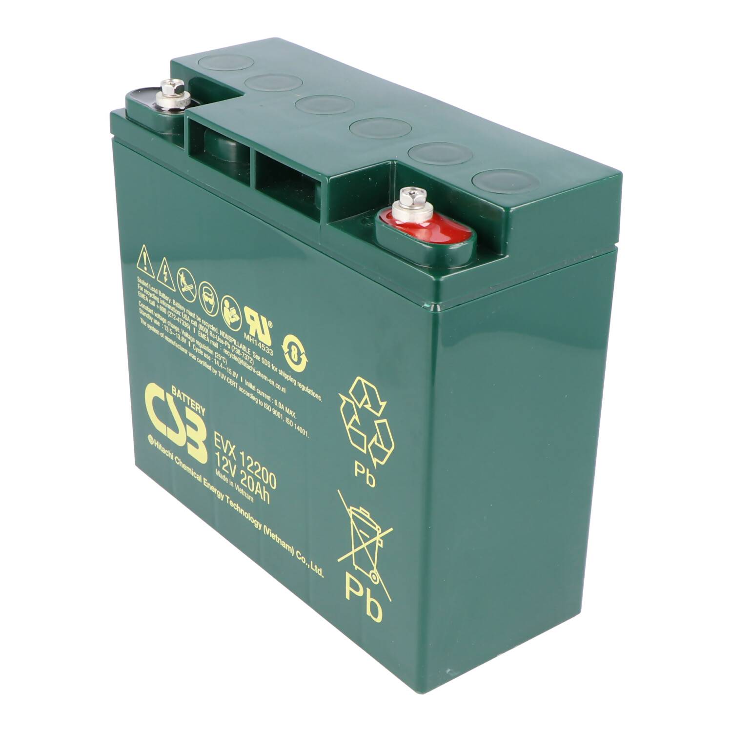 Grüne versiegelte Blei-Säure-Batterie mit zwei Anschlusspolklemmen, beschriftet mit "C3 EVX-1200 12V 200Ah"" und Recycling-Symbolen, auf weißem Hintergrund.