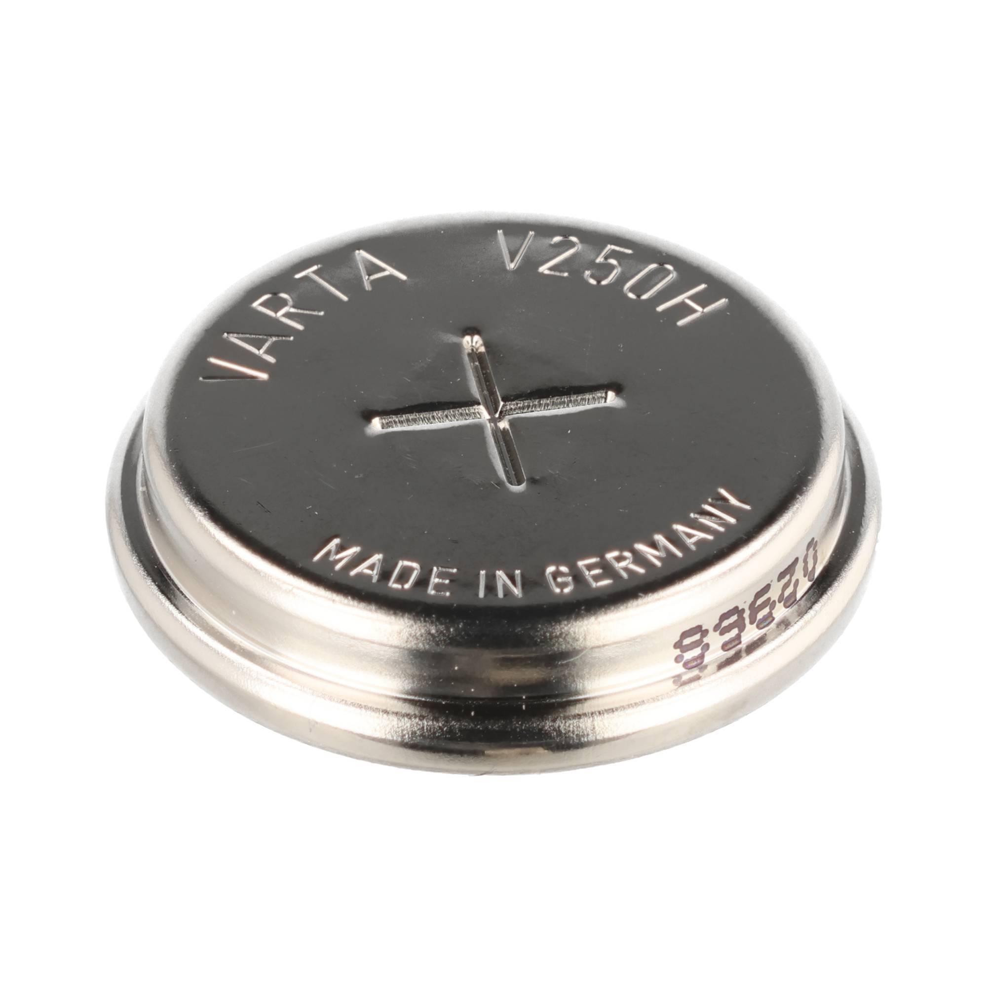 Eine Varta V250H Knopfzelle mit Pluszeichen oben, beschriftet mit „MADE IN GERMANY