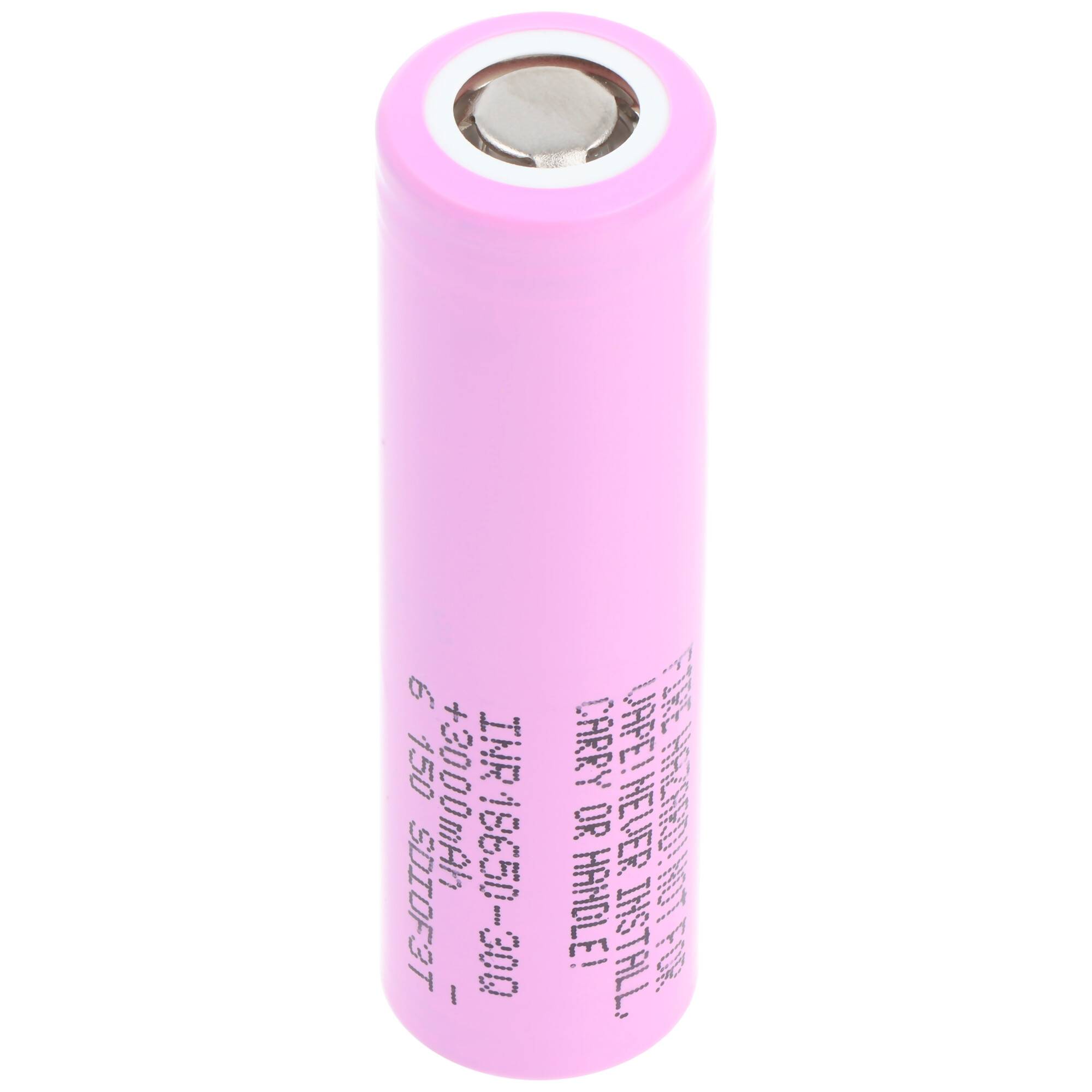Rosa zylindrische wiederaufladbare Batteriezelle mit Metalloberseite, isoliert auf weißem Hintergrund.
