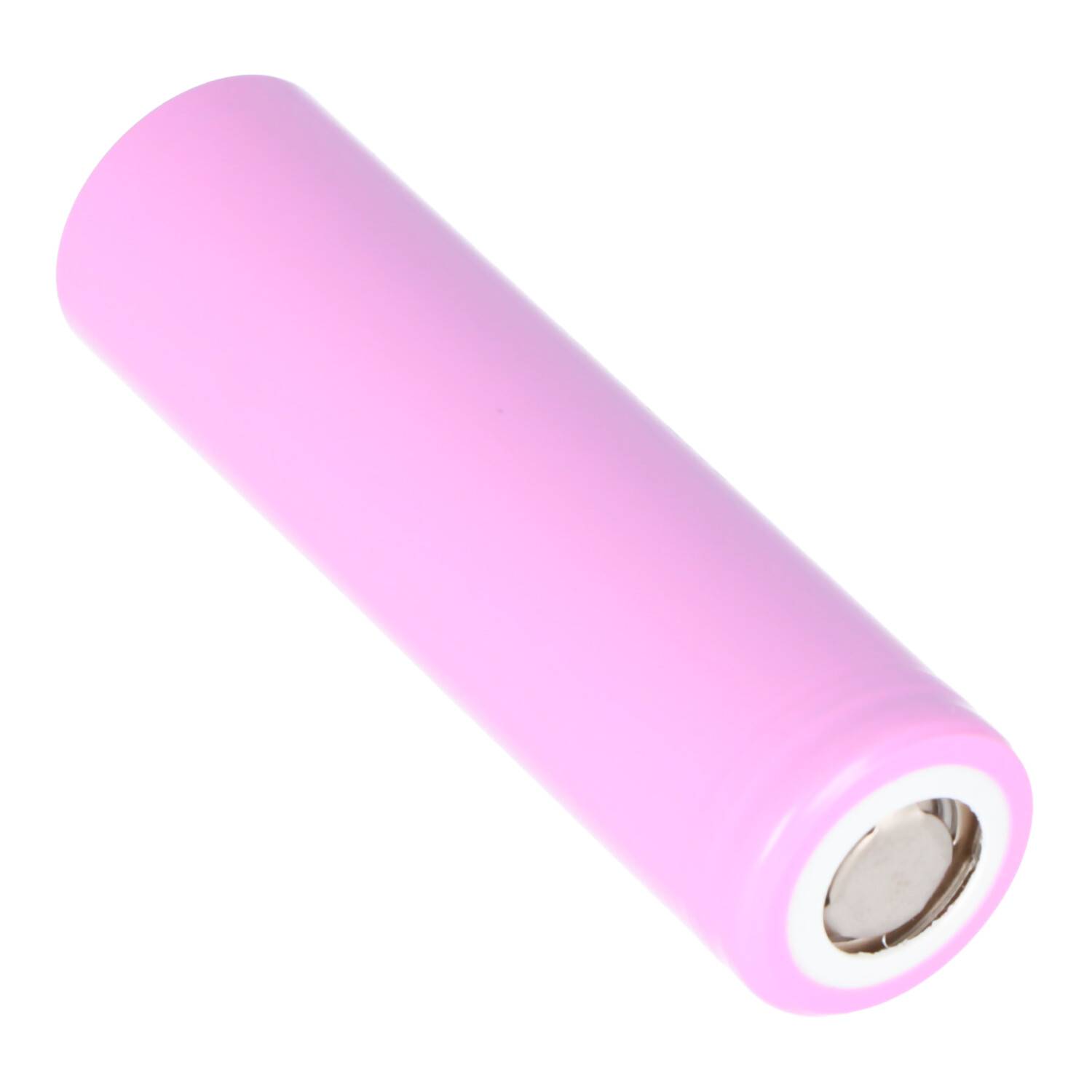 Rosa zylindrische wiederaufladbare Batteriezelle mit metallischer Endkappe auf weißem Hintergrund.