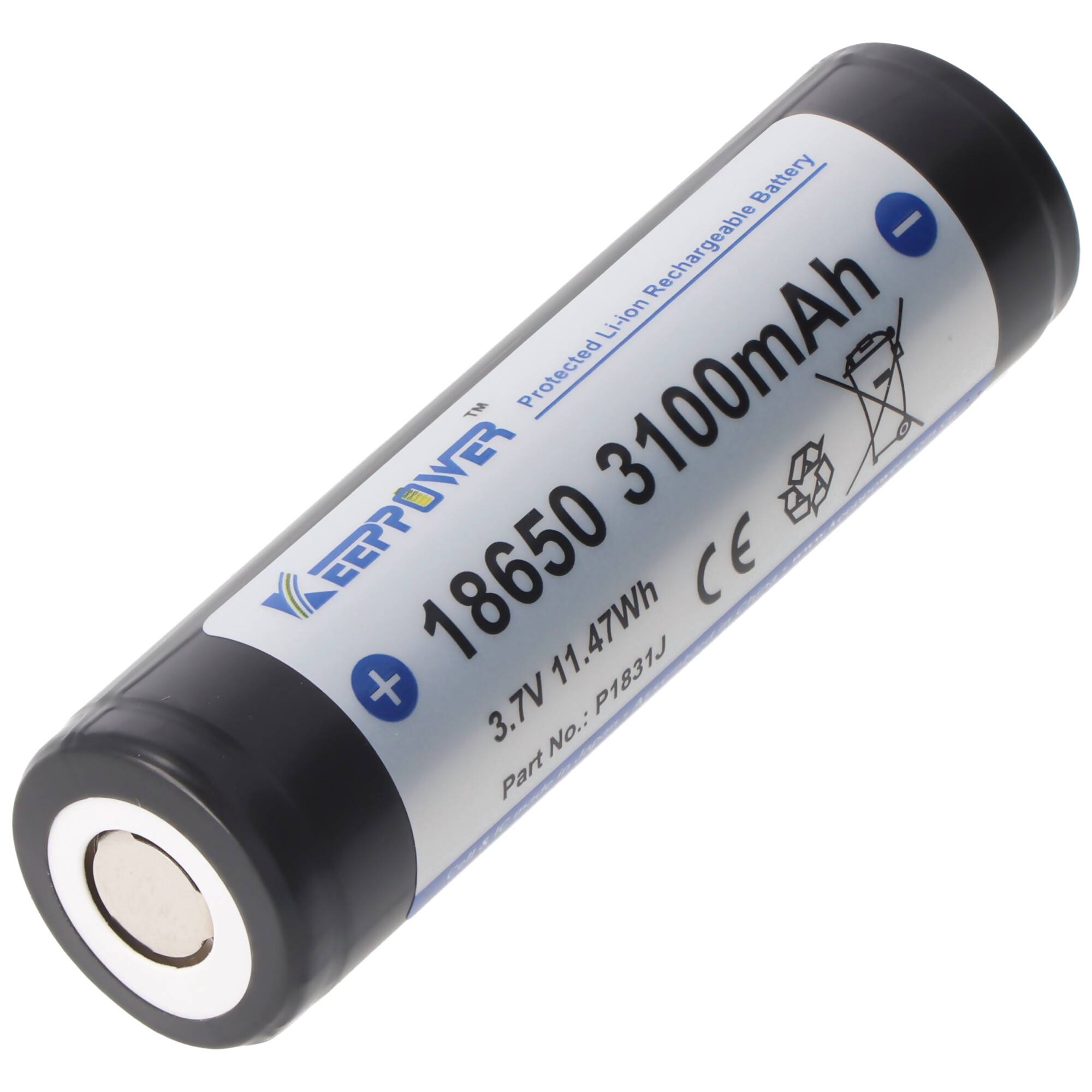 Keeppower 18650 3100mAh, 3,7V Li-Ion-Akku geschützt 69,5 x 18,6mm, flacher Kopf