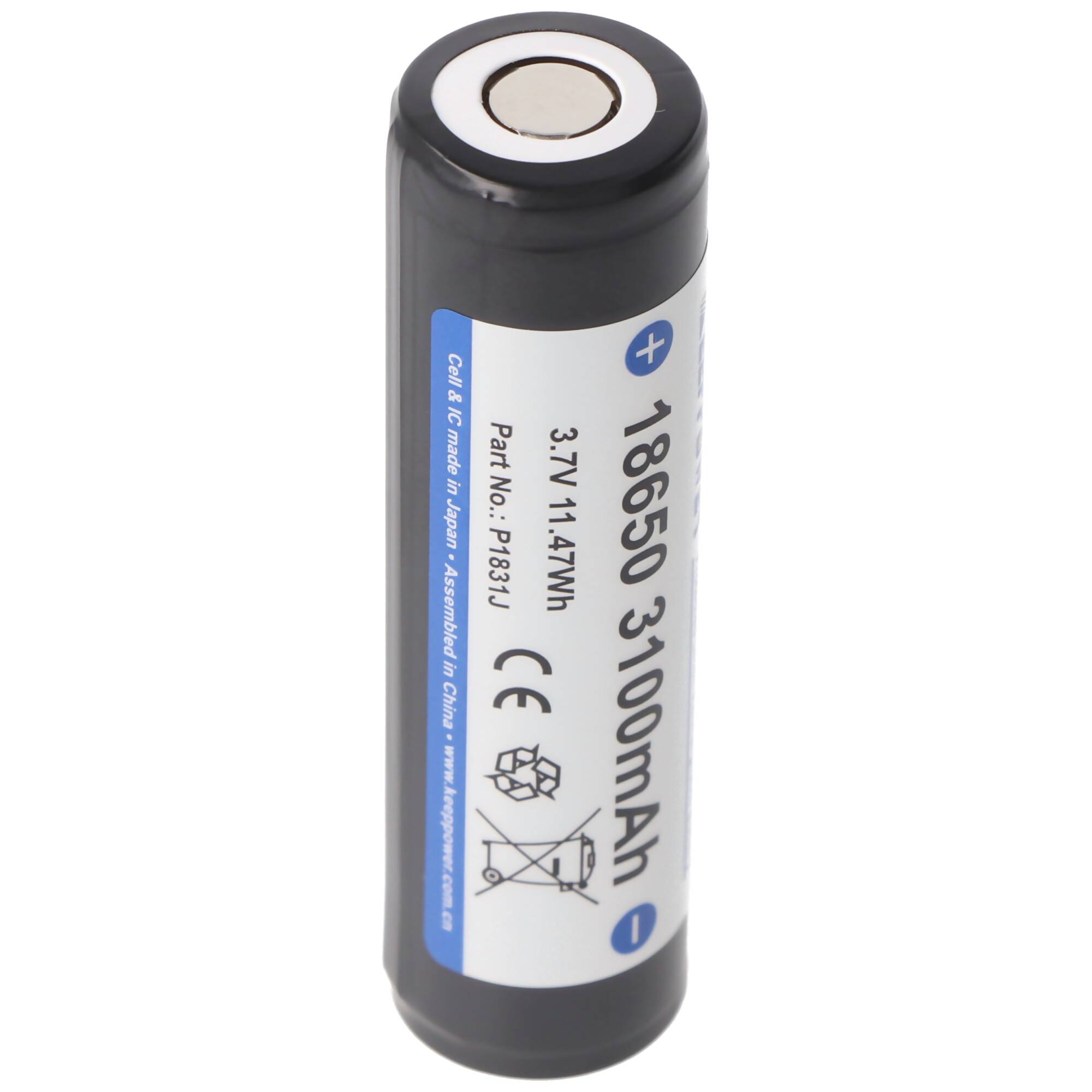Keeppower 18650 3100mAh, 3,7V Li-Ion-Akku geschützt 69,5 x 18,6mm, flacher Kopf