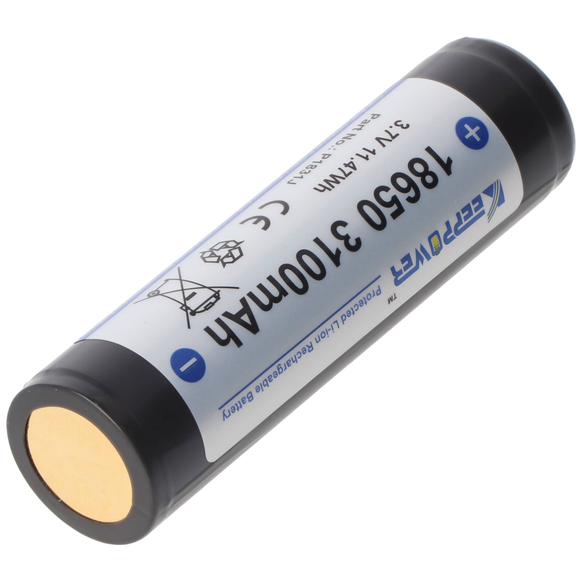 Keeppower 18650 3100mAh, 3,7V Li-Ion-Akku geschützt 69,5 x 18,6mm, flacher Kopf