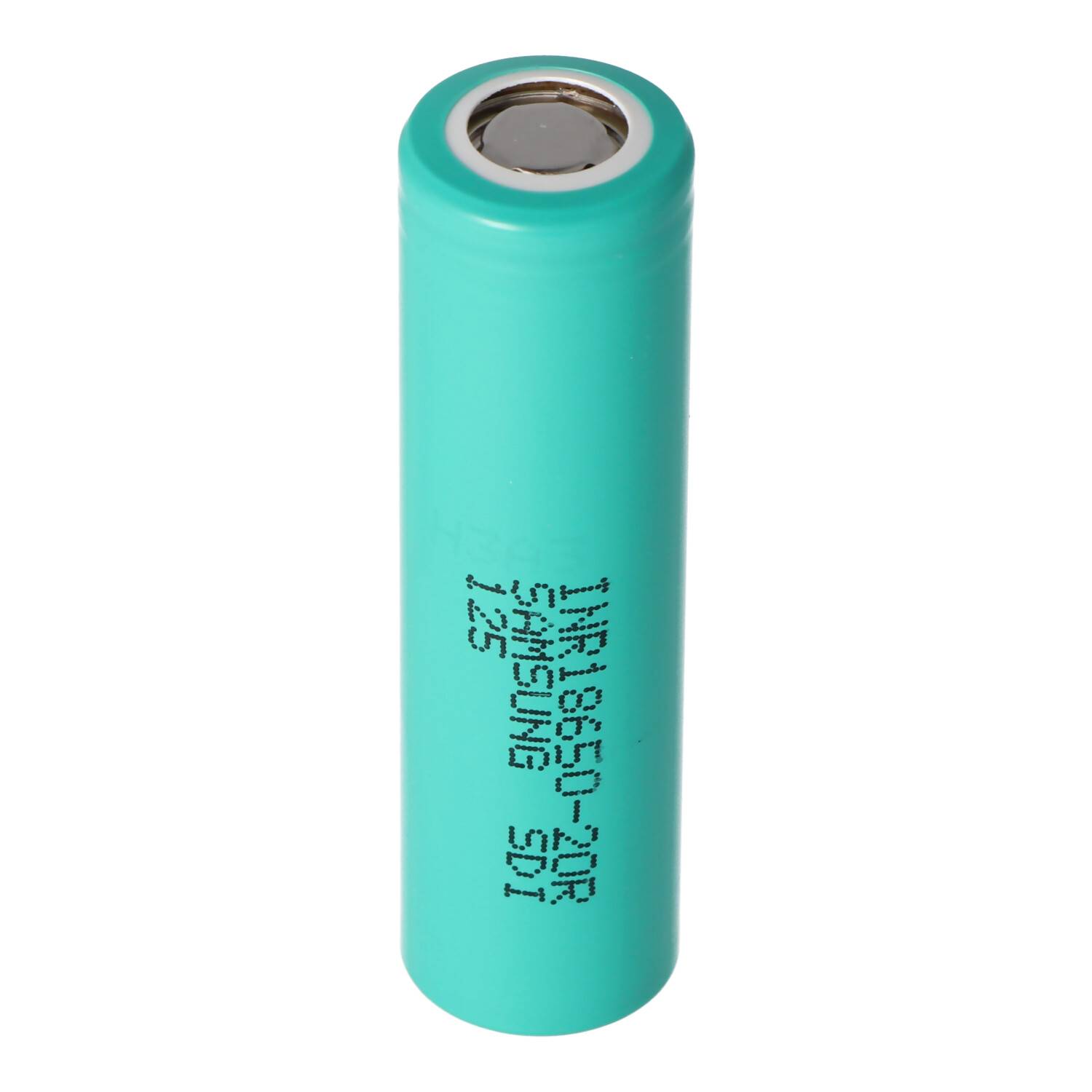 Türkisfarbene zylindrische wiederaufladbare Batteriezelle, die aufrecht auf weißem Hintergrund steht, mit gedrucktem Modelltext auf der Seite.