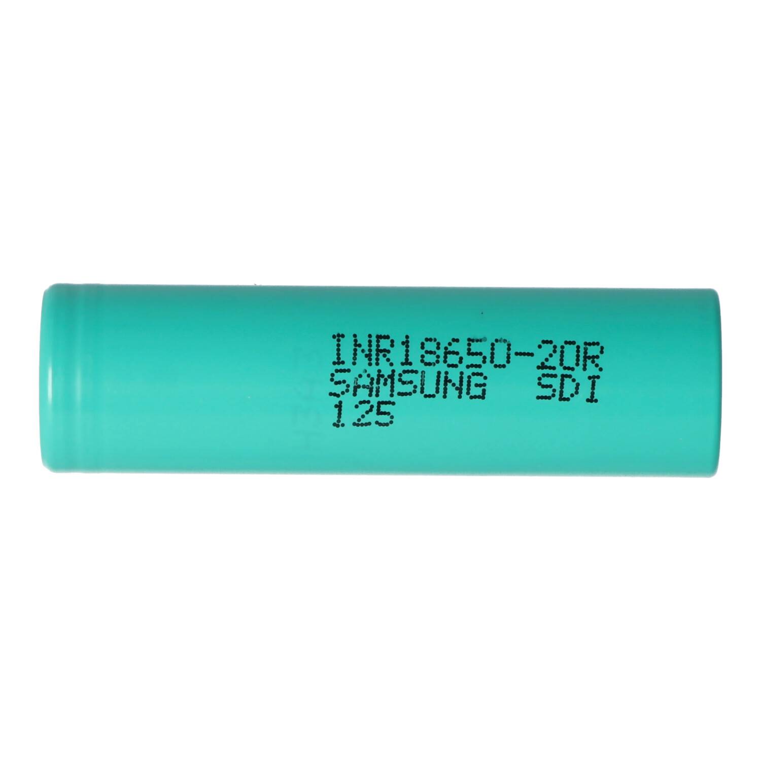 Türkisfarbene Samsung INR18650-20R Lithium-Ionen-Batteriezelle horizontal auf weißem Hintergrund dargestellt.