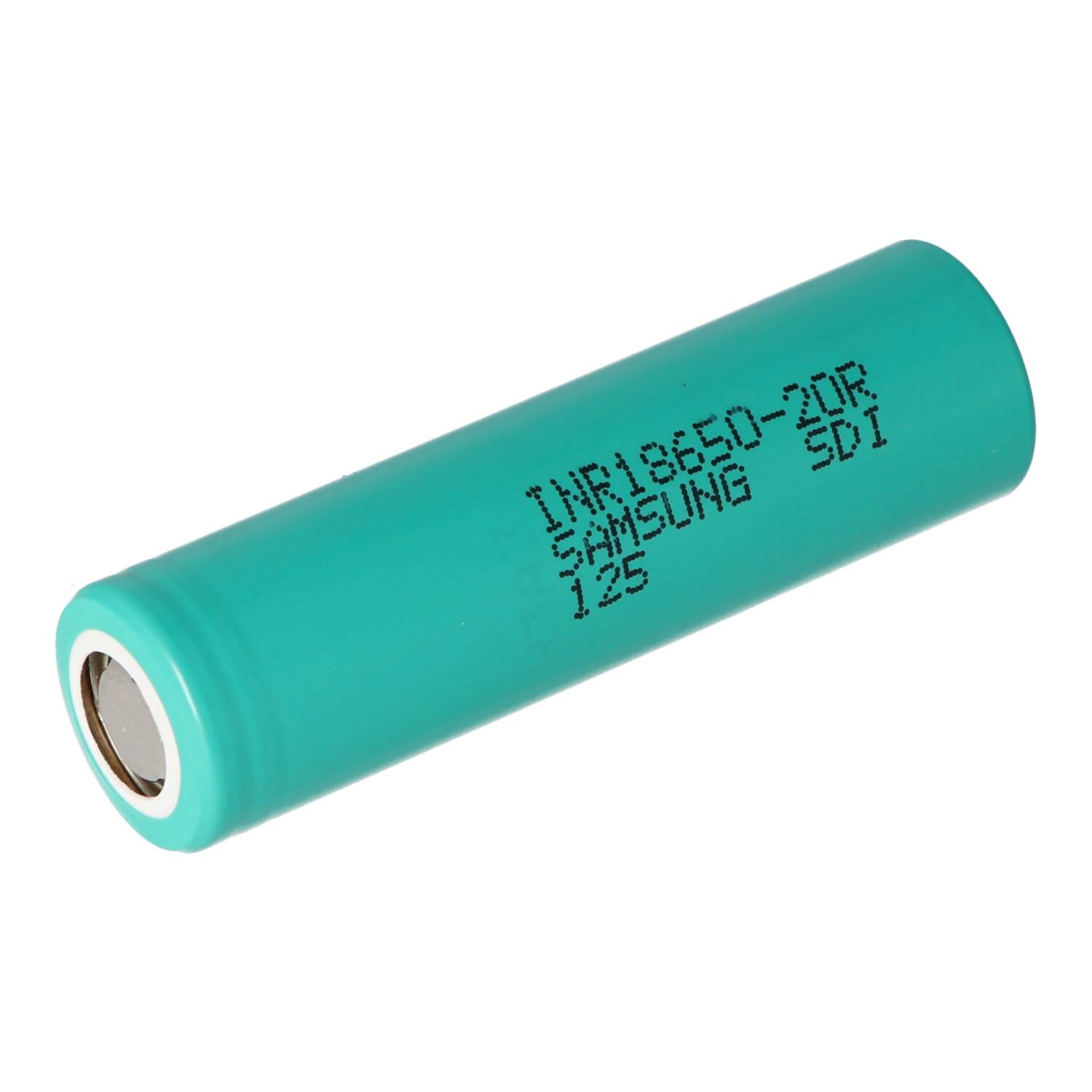 Grüne zylindrische wiederaufladbare Batteriezelle von Samsung isoliert auf weißem Hintergrund, beschriftet mit „INR18650-30Q SAMSUNG SDI 125