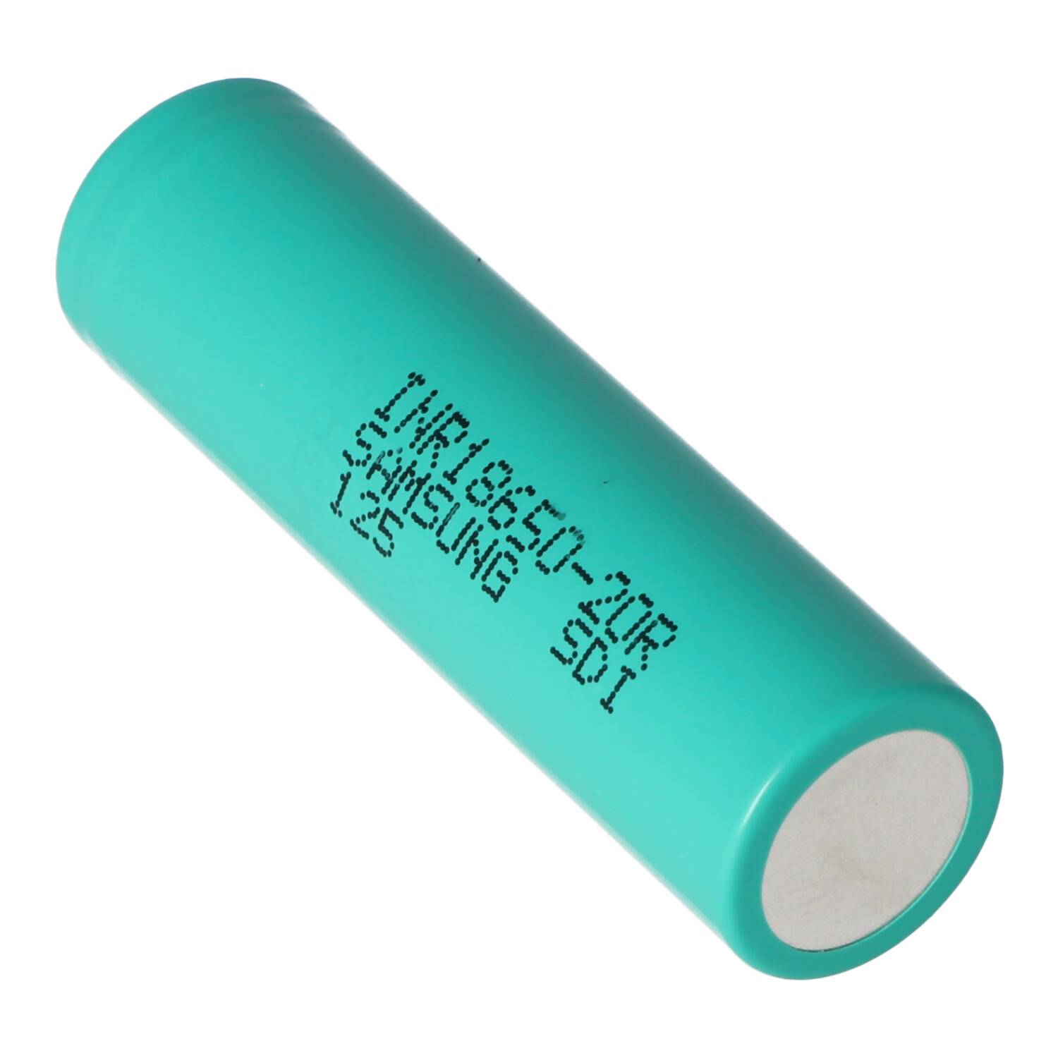 Türkisfarbene zylindrische wiederaufladbare Batteriezelle mit aufgedruckten schwarzen Spezifikationen auf ihrer Seite.