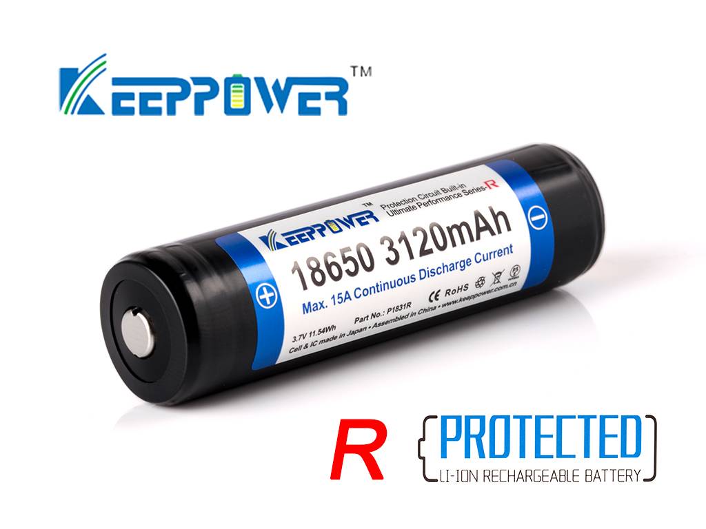 Keeppower 18650 Lithium-Ionen-Akku mit Etikett, das 3120mAh anzeigt, geschützte Version, auf weißem Hintergrund.