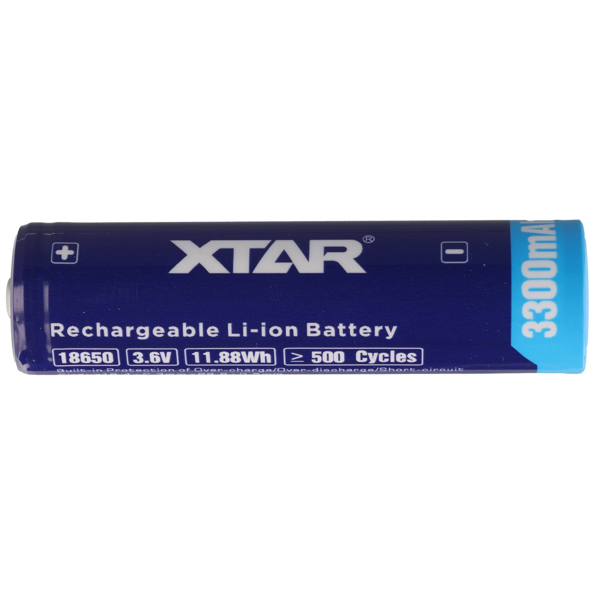 XTAR wiederaufladbarer Li-Ionen-18650-Akku mit der Bezeichnung 3300mAh, 3,6V, 11,88Wh und 500 Zyklen.
