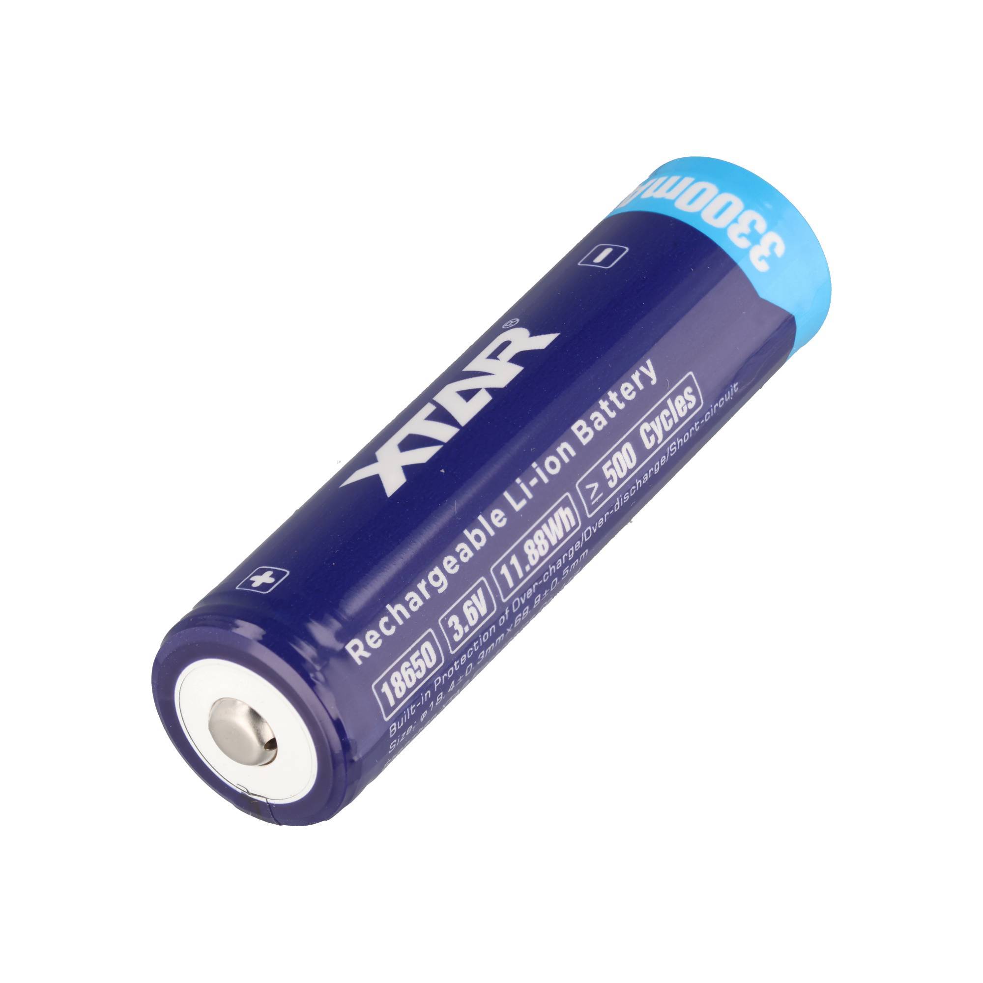 Blue Xtar aufladbare Lithium-Ionen-Batterie, Modell 18650, 3,6V, 3500mAh, abgebildet auf weißem Hintergrund.