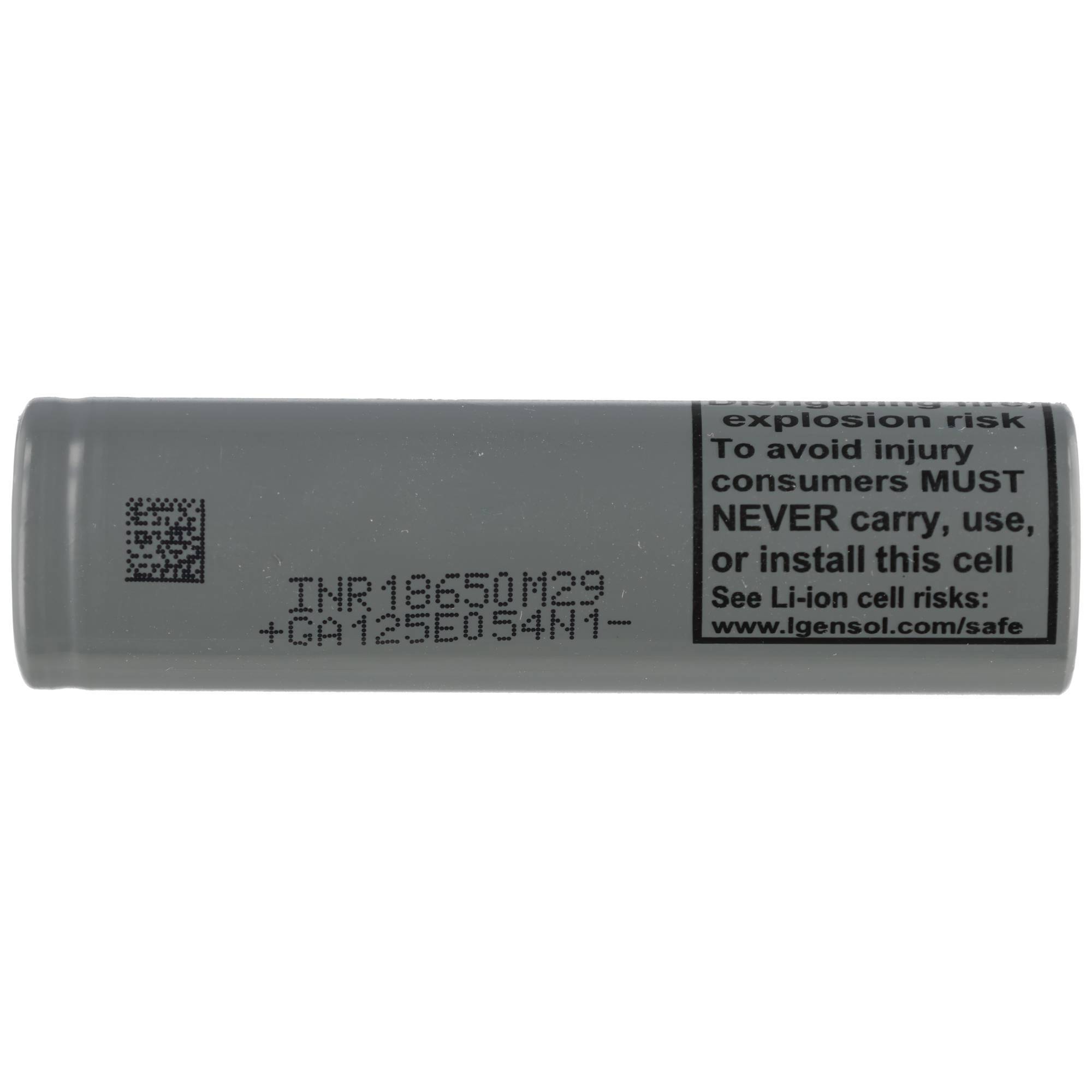 Graue zylindrische wiederaufladbare Lithium-Ionen-Batterie mit Warnaufkleber und Modelltext 'INR18650M29