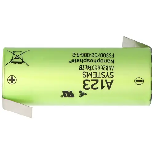 A123 ANR26650M1B 2500mAh 3,3V LiFePo4 Akku ohne Schutz, mit Lötfahnen Z-Form, 26,25x65mm A123 ANR26650M1B 2500mAh 3,3V LiFePo4 Akku ohne Schutz, mit Lötfahnen Z-Form, 26,25x65mm