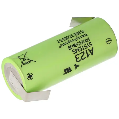 A123 ANR26650M1B 2500mAh 3,3V LiFePo4 Akku ohne Schutz, mit Lötfahnen Z-Form, 26,25x65mm A123 ANR26650M1B 2500mAh 3,3V LiFePo4 Akku ohne Schutz, mit Lötfahnen Z-Form, 26,25x65mm