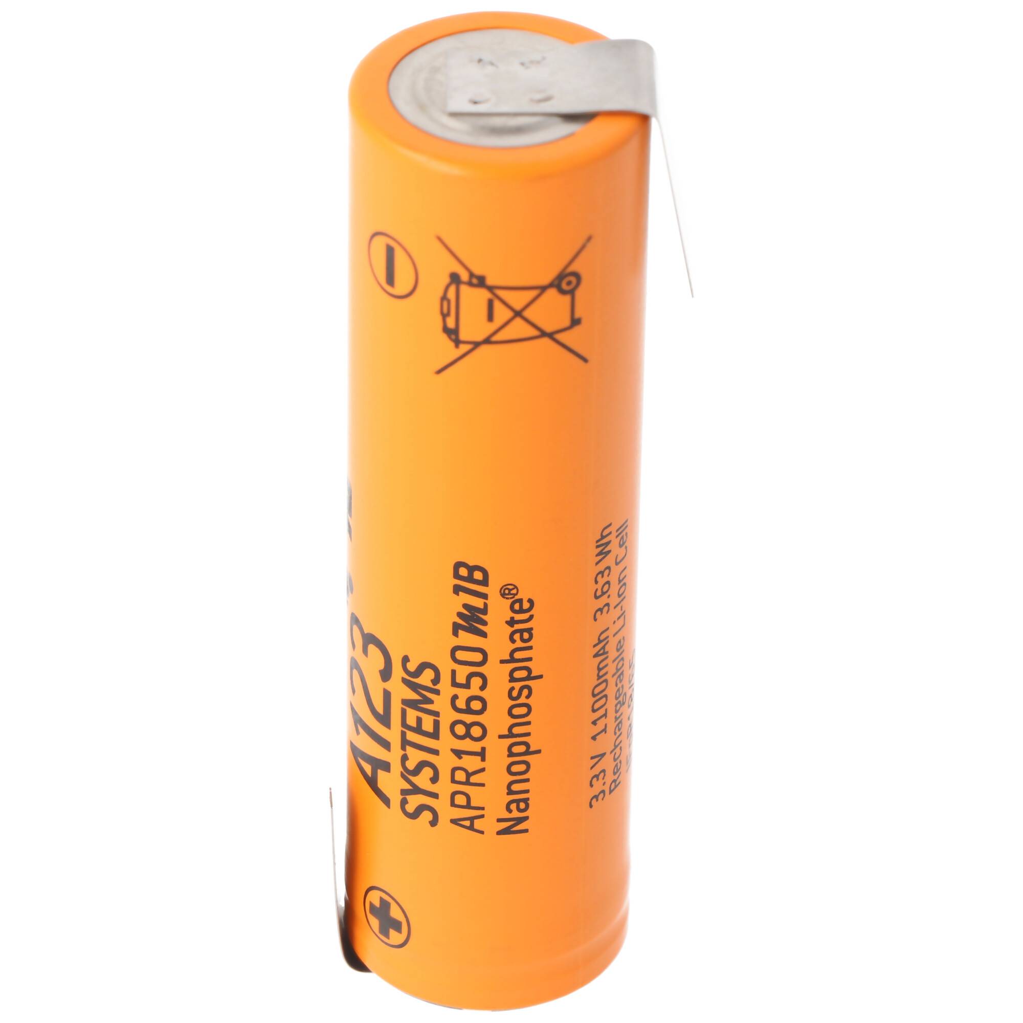 A123 APR18650M-A1 1100mAh 3,3V LiFePo4 Akku mit Lötfahne Z-Form 64,95x18,2mm