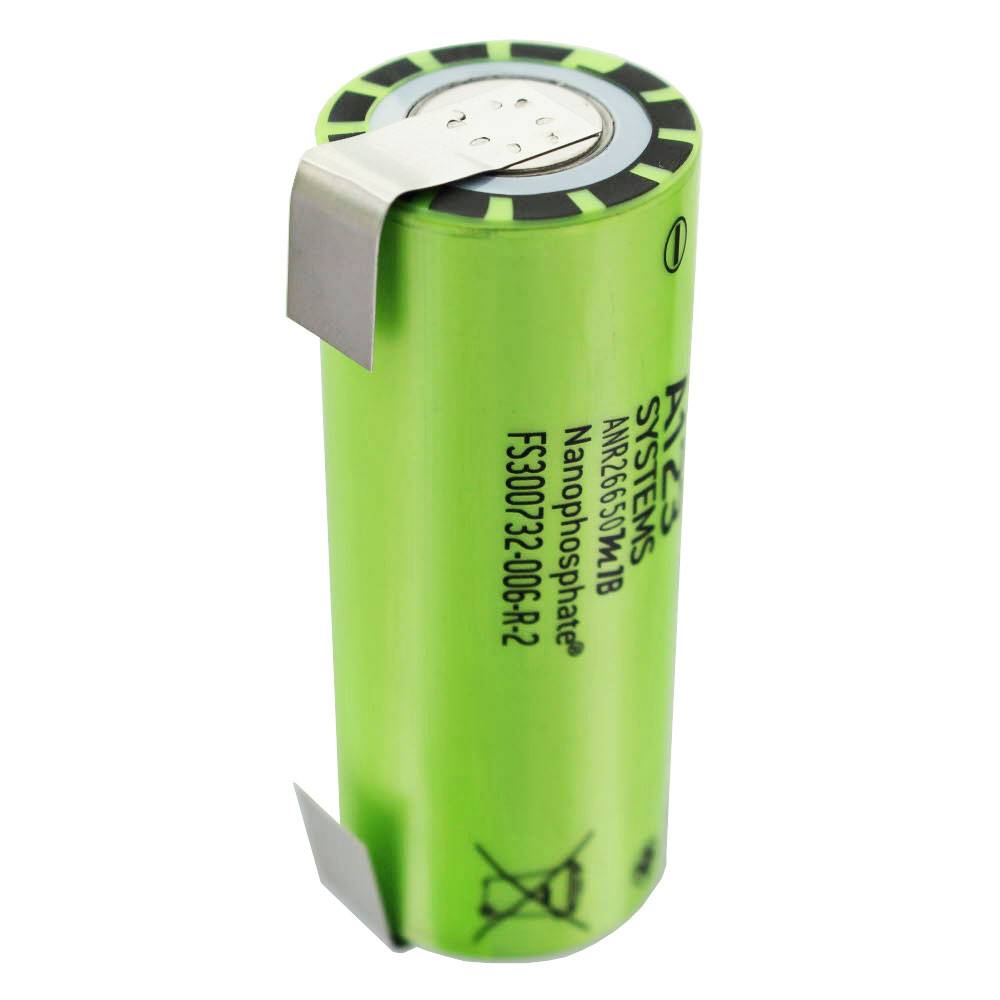 A123 ANR26650M1B 2500mAh 3,3V LiFePo4 Akku mit Lötfahnen U-Form, ungeschützt, 26,25x65mm