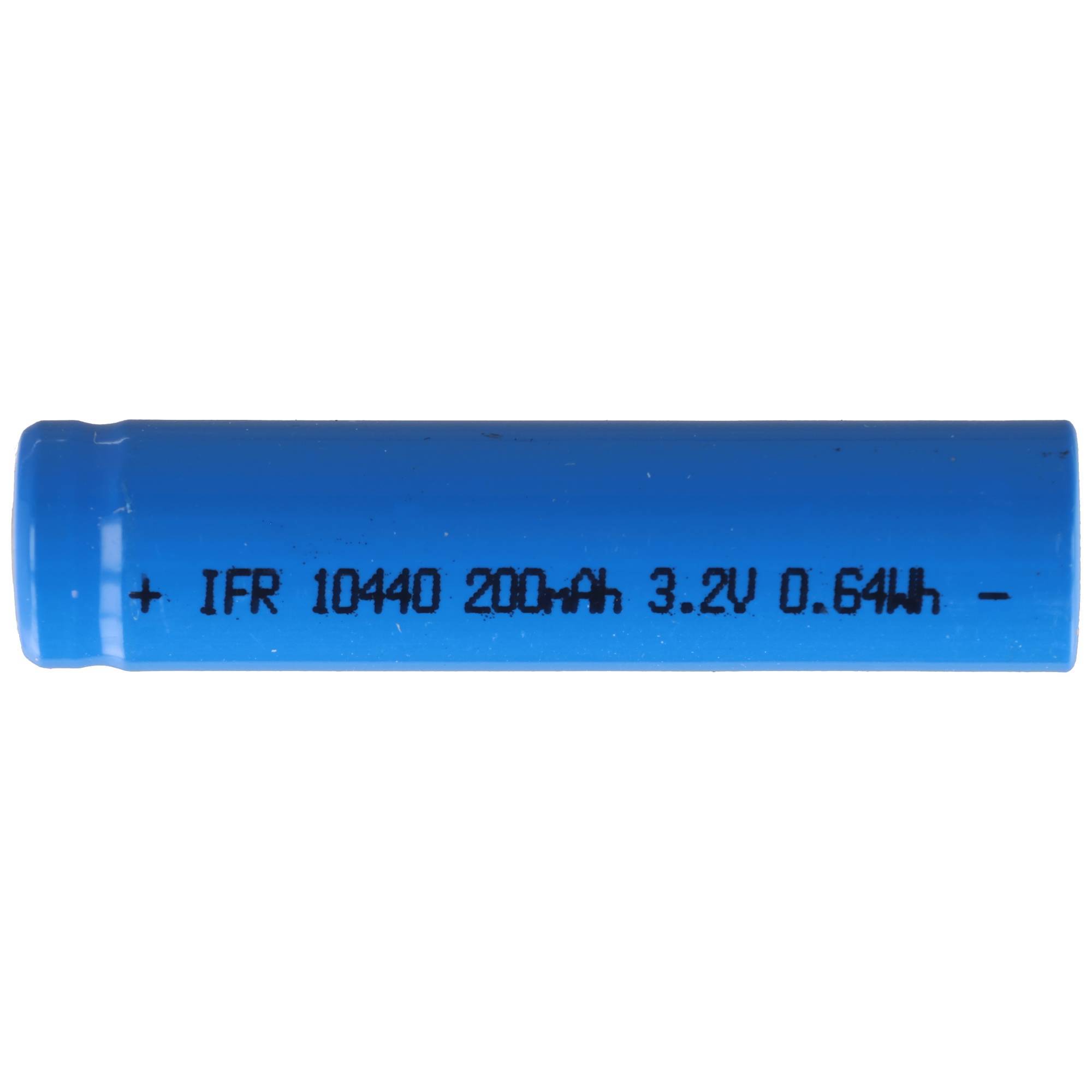 Blauer zylindrischer wiederaufladbarer Akku mit der Aufschrift „IFR 10440 200mAh 3.2V 0.64Wh