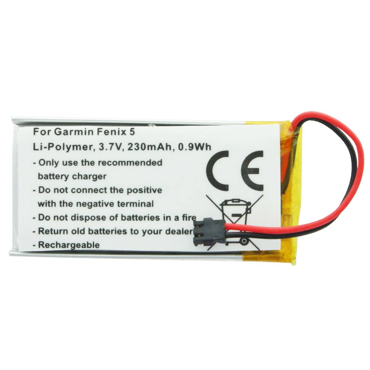 Akku passend für Garmin Fenix 5, Li-Polymer, 3,7V, 230mAh, 0,9Wh, Garmin 361-00097-00, 361-00098-00