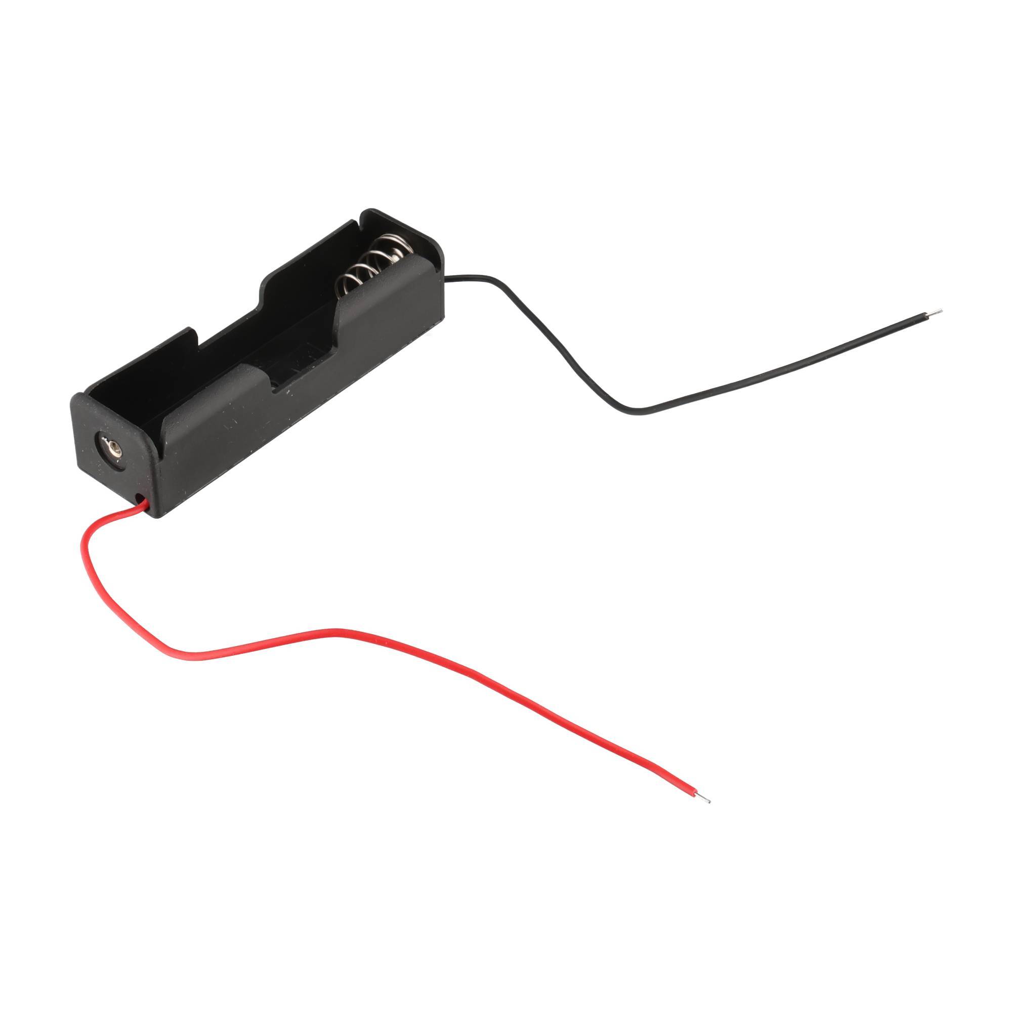 Schwarzer Einzelzellenbatteriehalter mit roten und schwarzen Kabeln, die auf weißem Hintergrund befestigt sind.