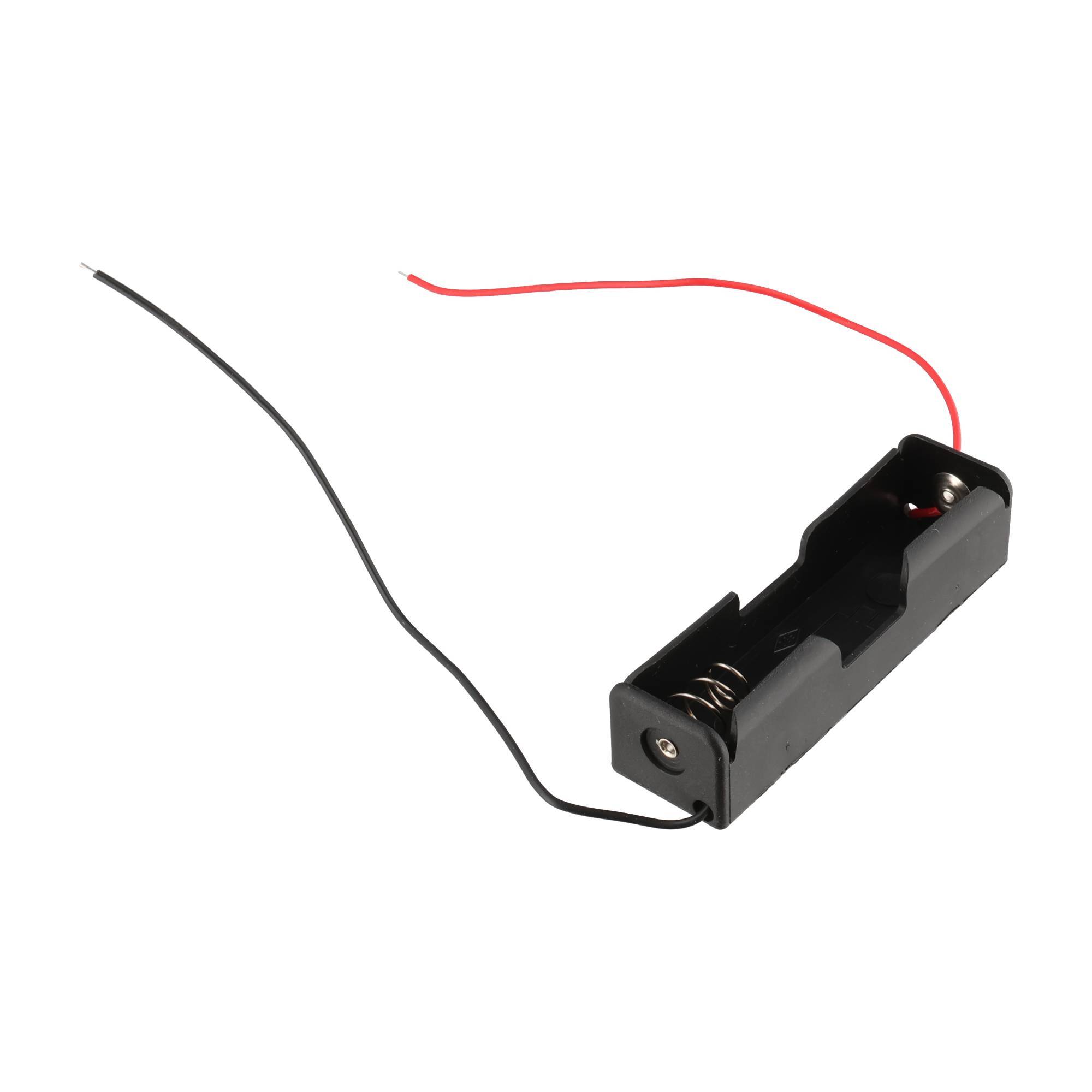 Schwarze Einzelbatteriehälter mit roten und schwarzen Drähten auf weißem Hintergrund.