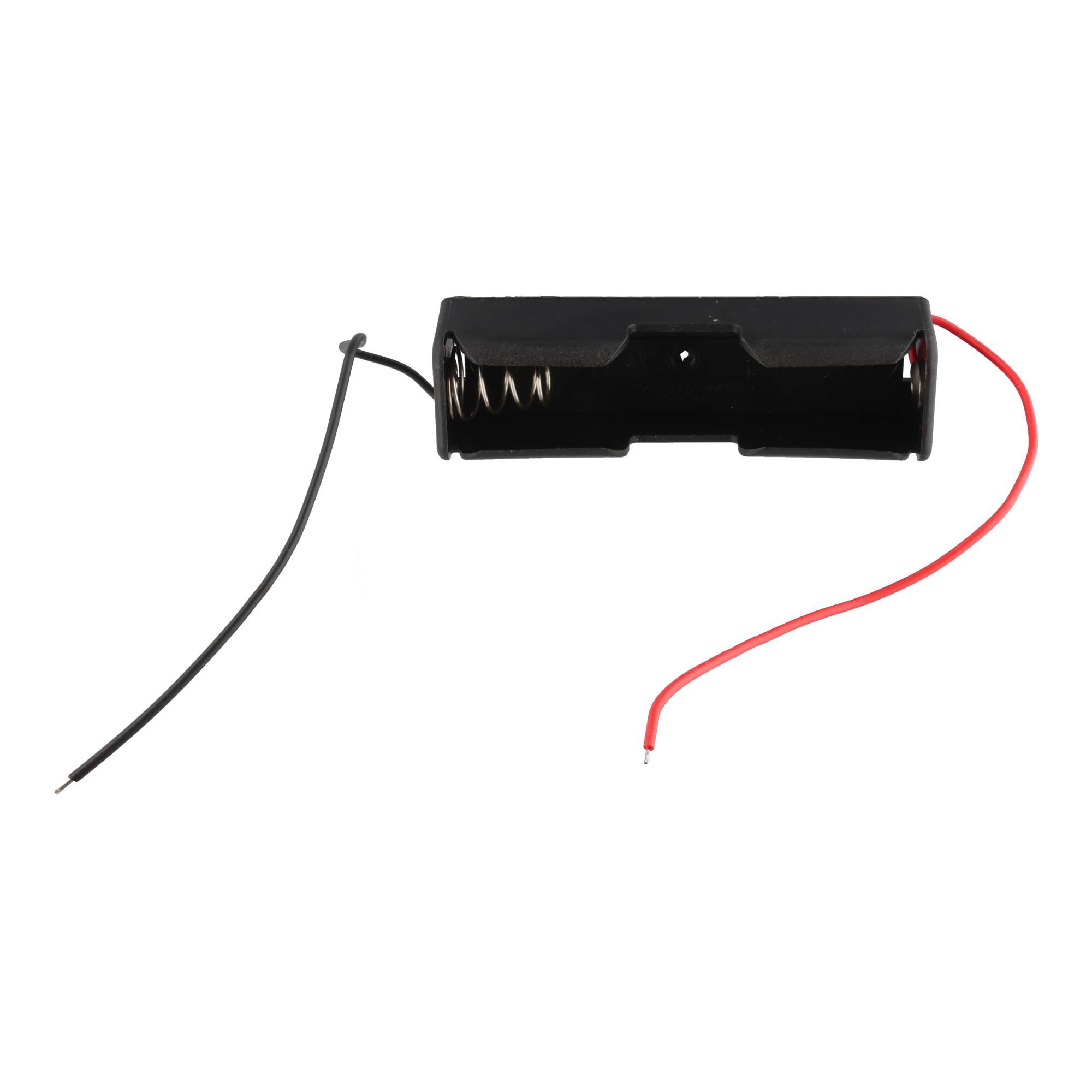 Schwarzer Batteriehalter für eine zylindrische Batterie mit roten und schwarzen Drähten auf weißem Hintergrund.