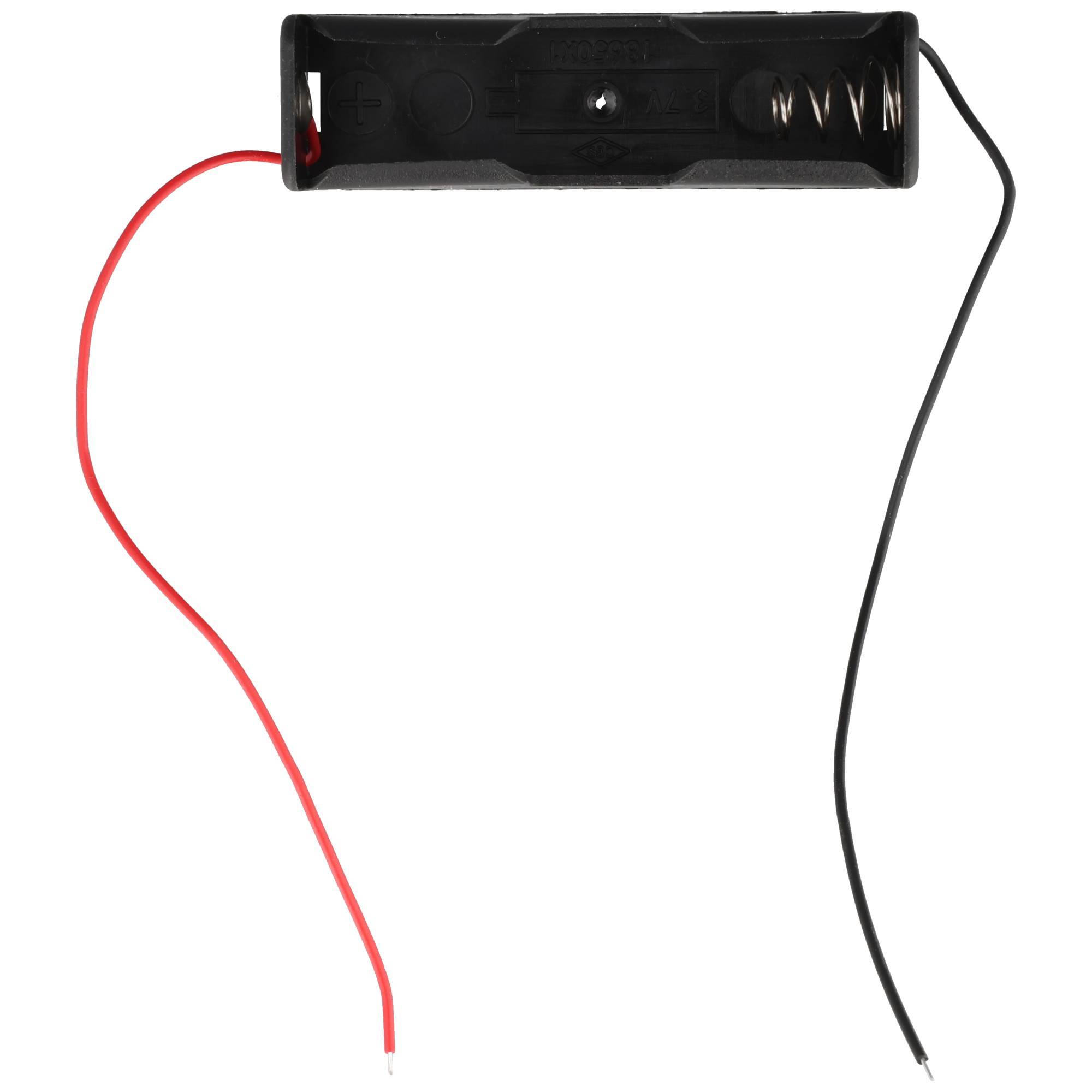Schwarze Batteriehalterung mit roten und schwarzen Drähten für eine einzelne zylindrische Batterie, dargestellt auf weißem Hintergrund.
