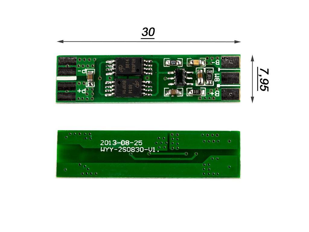 Leiterplattenmodul, Vorder- und Rückseite gezeigt, mit beschrifteten Abmessungen von 30 mm × 7,95 mm.